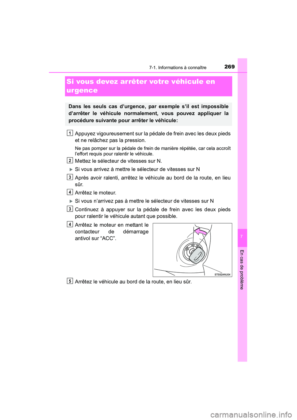 TOYOTA YARIS HATCHBACK 2015 Manuel du propriétaire (in French) 269
7
En cas de problème
7-1. Informations à connaître
YARIS_F_D_52D51D
Si vous devez arrêter votre véhicule en
urgence
Appuyez vigoureusement sur la pédale de frein avec les deux pieds
et ne r TOYOTA YARIS HATCHBACK 2015 Manuel du propriétaire (in French) 269
7
En cas de problème
7-1. Informations à connaître
YARIS_F_D_52D51D
Si vous devez arrêter votre véhicule en
urgence
Appuyez vigoureusement sur la pédale de frein avec les deux pieds
et ne r