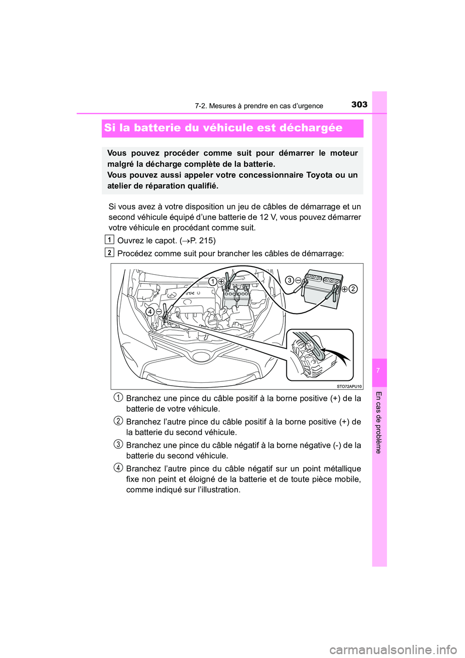 TOYOTA YARIS HATCHBACK 2015 Manuel du propriétaire (in French) 303
7
En cas de problème
7-2. Mesures à prendre en cas d’urgence
YARIS_F_D_52D51D
Si la batterie du véhicule est déchargée
Si vous avez à votre disposition un jeu de câbles de démarrage et u TOYOTA YARIS HATCHBACK 2015 Manuel du propriétaire (in French) 303
7
En cas de problème
7-2. Mesures à prendre en cas d’urgence
YARIS_F_D_52D51D
Si la batterie du véhicule est déchargée
Si vous avez à votre disposition un jeu de câbles de démarrage et u