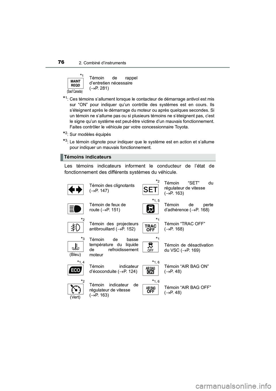 TOYOTA YARIS HATCHBACK 2015  Manuel du propriétaire (in French) 762. Combiné d’instruments
YARIS_F_D_52D51D
*1: Ces témoins s’allument lorsque le contacteur de démarrage antivol est missur “ON” pour indiquer qu’un contrôle des systèmes est en cours.