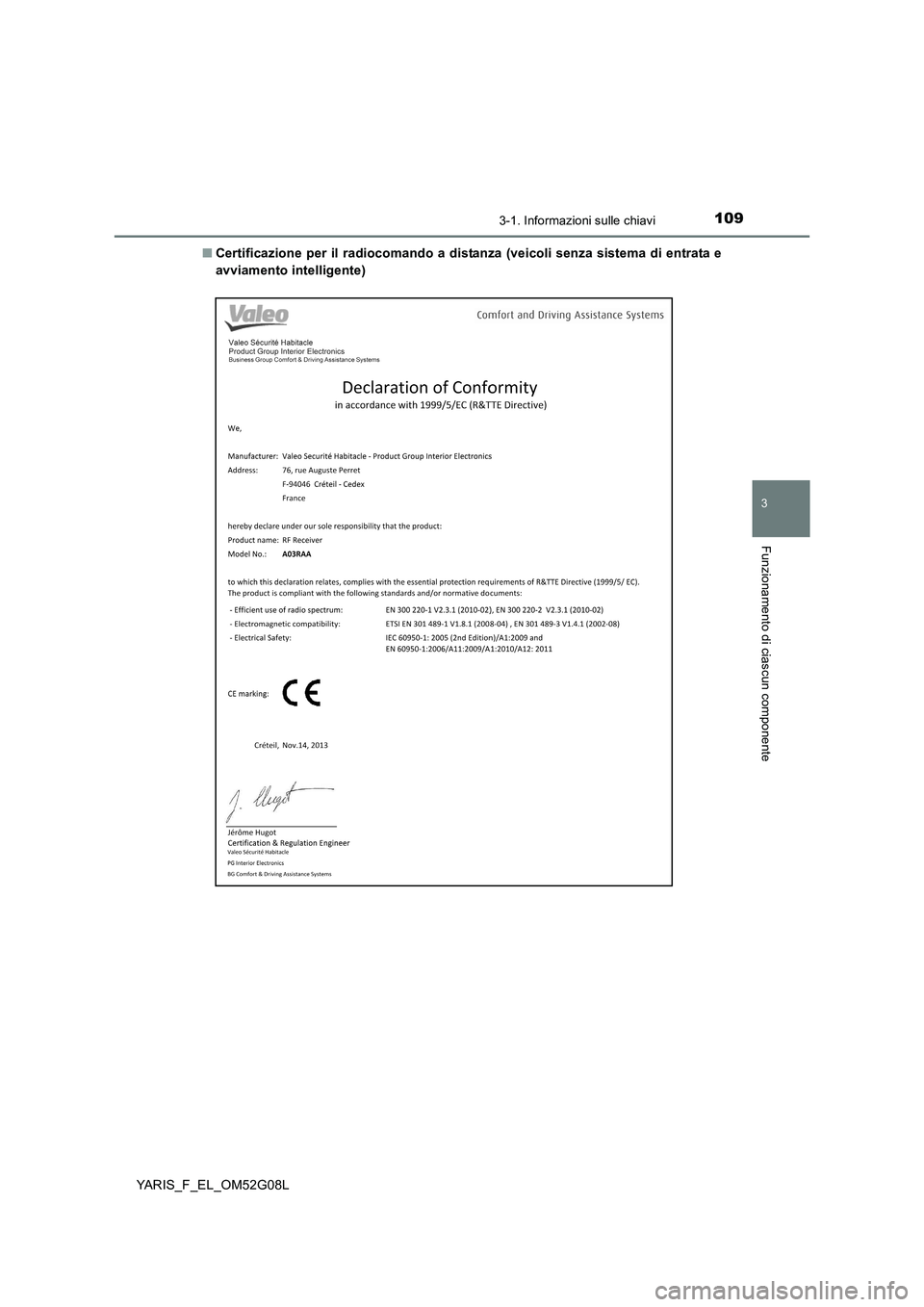 TOYOTA YARIS HATCHBACK 2015  Manuale duso (in Italian) 1093-1. Informazioni sulle chiavi
3
Funzionamento di ciascun componente
YARIS_F_EL_OM52G08L 
■ Certificazione per il radiocomando a distanza (veicoli senza sistema di entrata e 
avviamento intellige