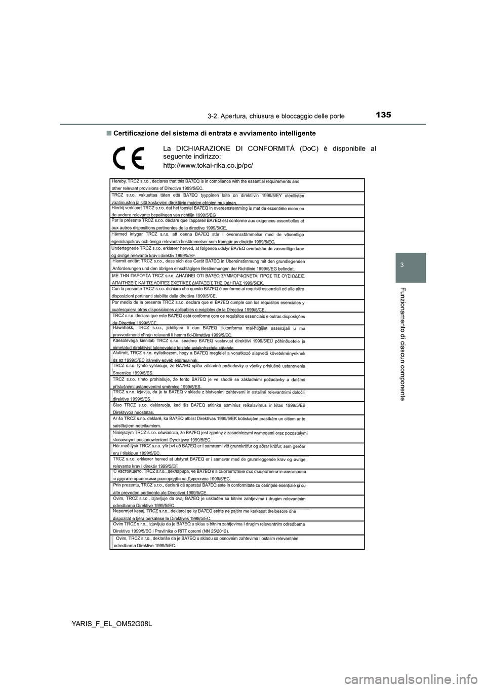 TOYOTA YARIS HATCHBACK 2015  Manuale duso (in Italian) 1353-2. Apertura, chiusura e bloccaggio delle porte
3
Funzionamento di ciascun componente
YARIS_F_EL_OM52G08L 
■ Certificazione del sistema di entrata e avviamento intelligente
La DICHIARAZIONE DI C