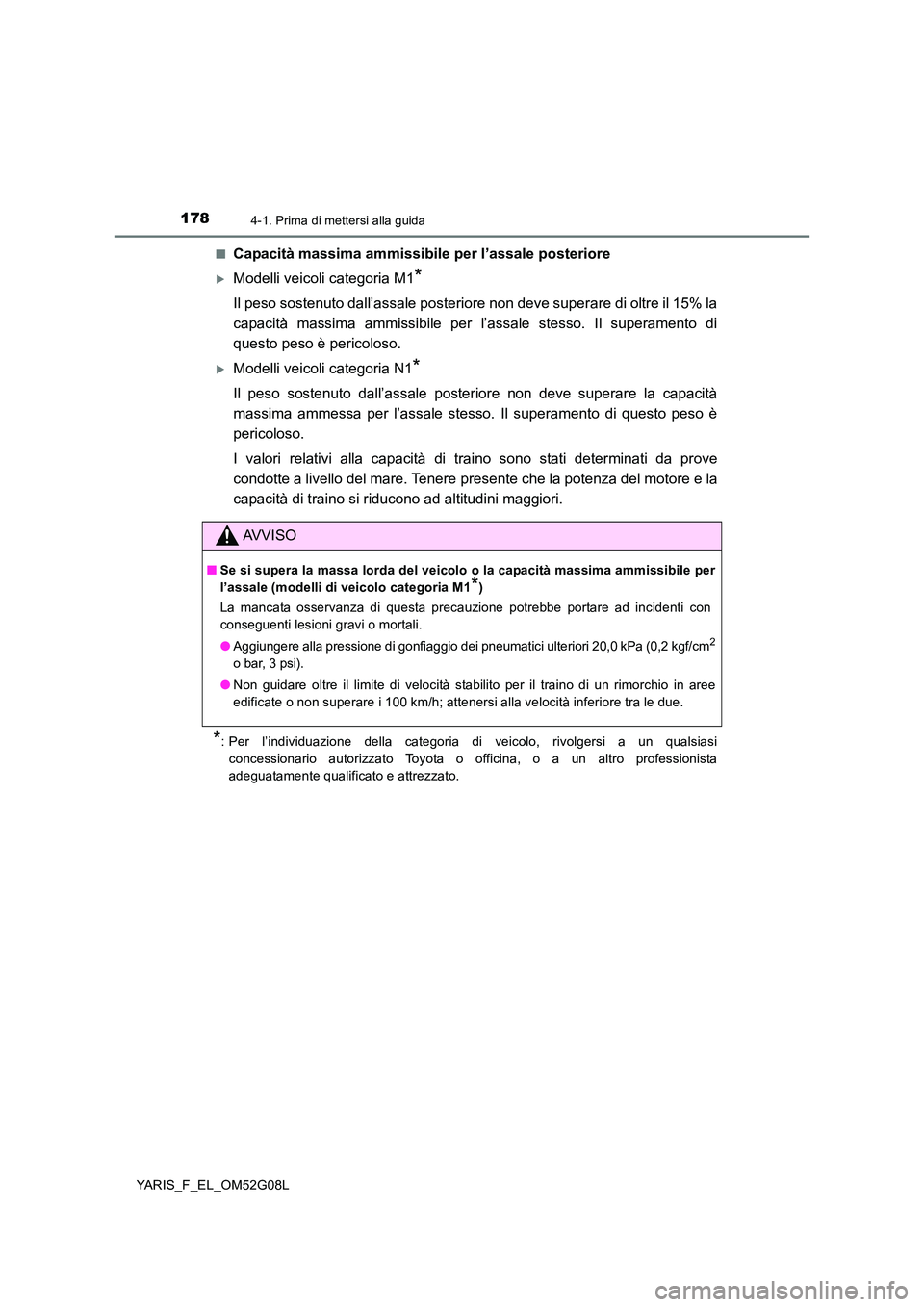 TOYOTA YARIS HATCHBACK 2015  Manuale duso (in Italian) 1784-1. Prima di mettersi alla guida
YARIS_F_EL_OM52G08L 
■Capacità massima ammissibile per l’assale posteriore
Modelli veicoli categoria M1*
Il peso sostenuto dall’assale posteriore non dev