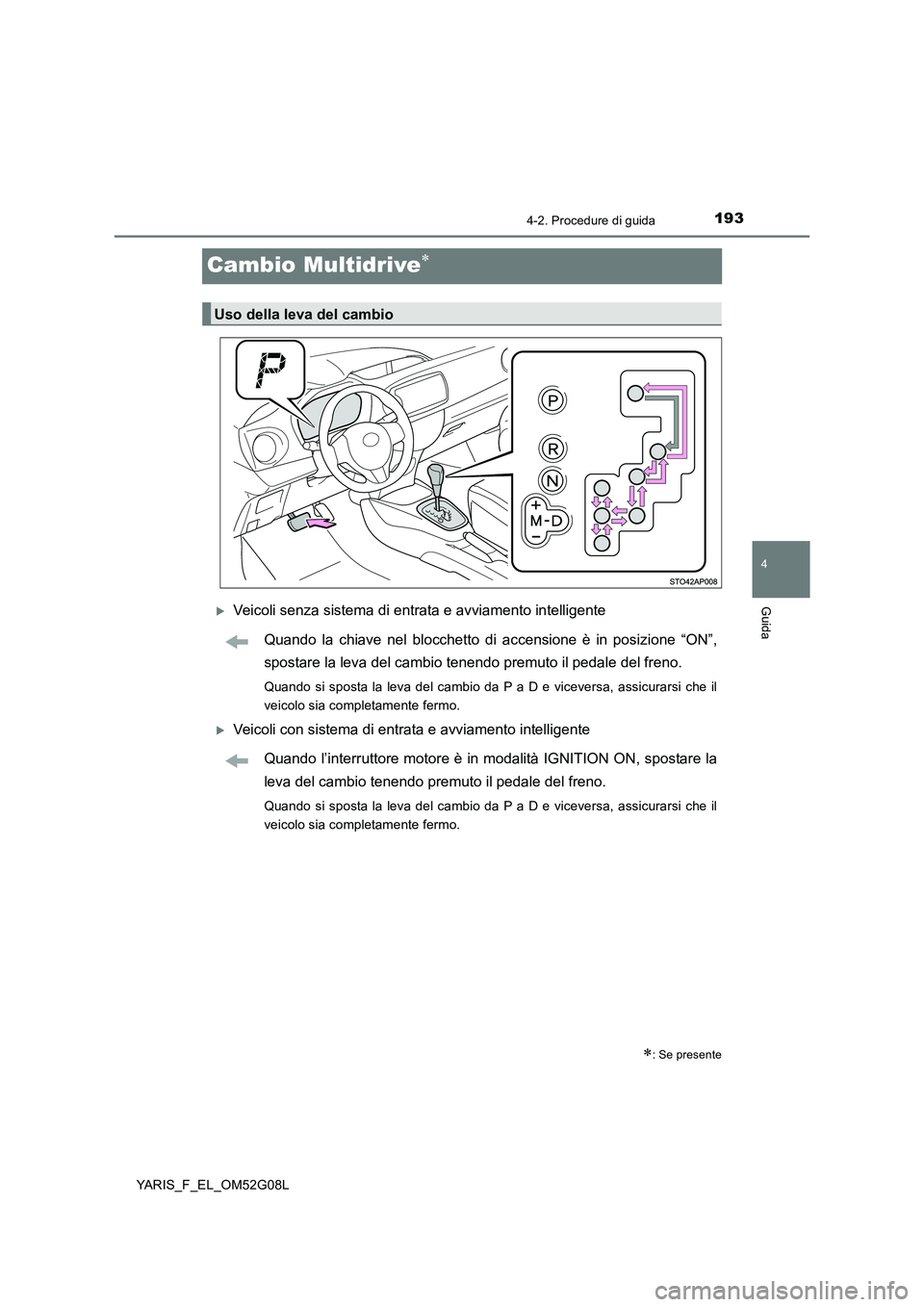 TOYOTA YARIS HATCHBACK 2015 Manuale duso (in Italian) 193
4
4-2. Procedure di guida
Guida
YARIS_F_EL_OM52G08L
Cambio Multidrive
Veicoli senza sistema di entrata e avviamento intelligente
Quando la chiave nel blocchetto di accensione è in posizion TOYOTA YARIS HATCHBACK 2015 Manuale duso (in Italian) 193
4
4-2. Procedure di guida
Guida
YARIS_F_EL_OM52G08L
Cambio Multidrive
Veicoli senza sistema di entrata e avviamento intelligente
Quando la chiave nel blocchetto di accensione è in posizion