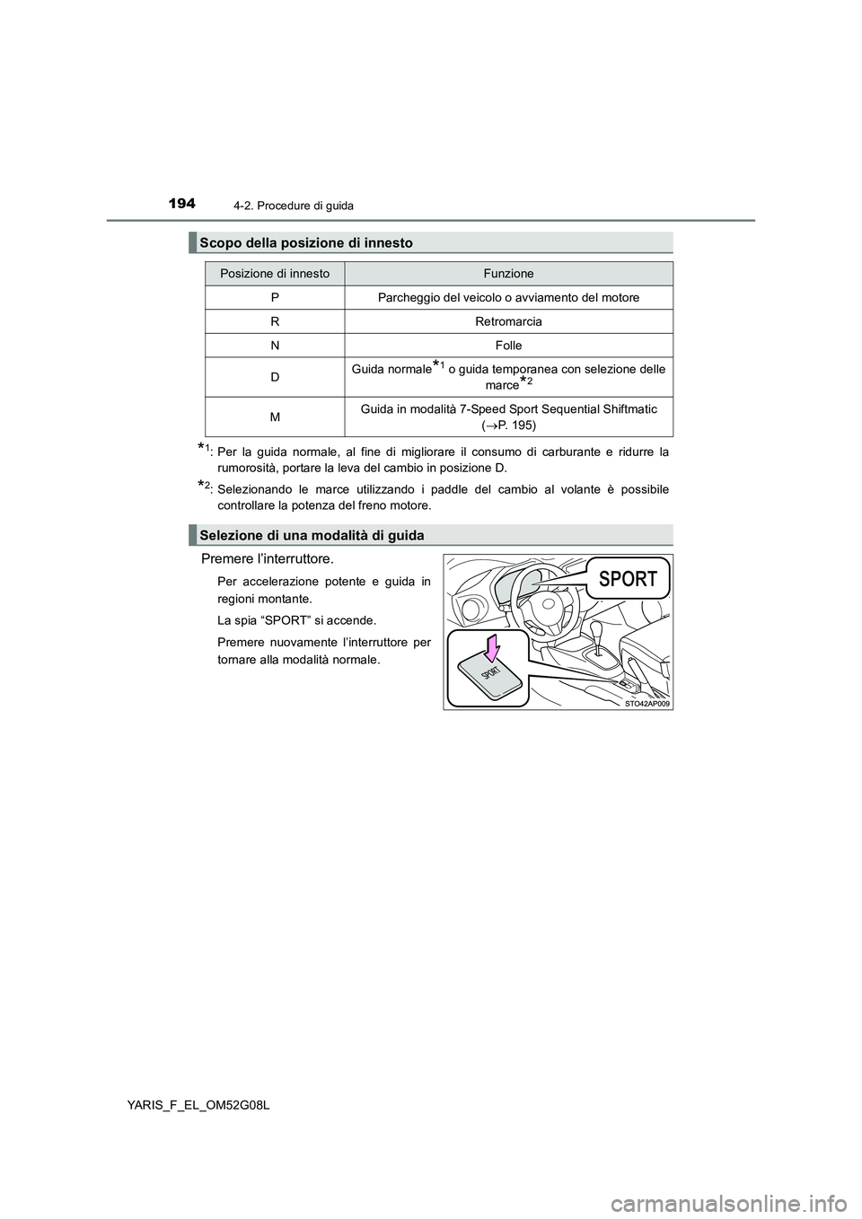 TOYOTA YARIS HATCHBACK 2015 Manuale duso (in Italian) 1944-2. Procedure di guida
YARIS_F_EL_OM52G08L
*1: Per la guida normale, al fine di migliorare il consumo di carburante e ridurre la
rumorosità, portare la leva del cambio in posizione D.
*2: Selezi TOYOTA YARIS HATCHBACK 2015 Manuale duso (in Italian) 1944-2. Procedure di guida
YARIS_F_EL_OM52G08L
*1: Per la guida normale, al fine di migliorare il consumo di carburante e ridurre la
rumorosità, portare la leva del cambio in posizione D.
*2: Selezi