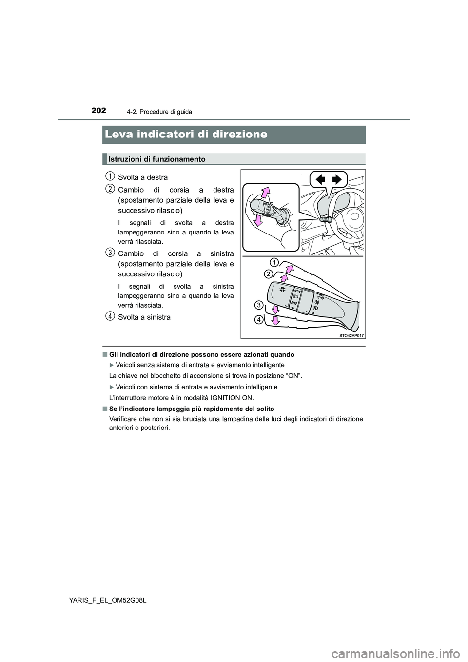 TOYOTA YARIS HATCHBACK 2015 Manuale duso (in Italian) 2024-2. Procedure di guida
YARIS_F_EL_OM52G08L
Leva indicatori di direzione
Svolta a destra
Cambio di corsia a destra
(spostamento parziale della leva e
successivo rilascio)
I segnali di svolta a d TOYOTA YARIS HATCHBACK 2015 Manuale duso (in Italian) 2024-2. Procedure di guida
YARIS_F_EL_OM52G08L
Leva indicatori di direzione
Svolta a destra
Cambio di corsia a destra
(spostamento parziale della leva e
successivo rilascio)
I segnali di svolta a d