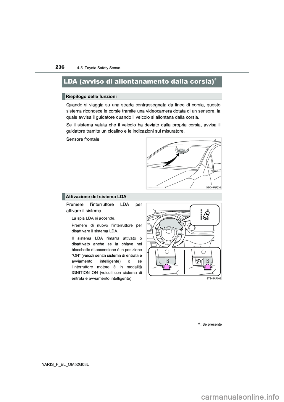 TOYOTA YARIS HATCHBACK 2015 Manuale duso (in Italian) 2364-5. Toyota Safety Sense
YARIS_F_EL_OM52G08L
LDA (avviso di allontanamento dalla corsia)
Quando si viaggia su una strada contrassegnata da linee di corsia, questo
sistema riconosce le corsie tr TOYOTA YARIS HATCHBACK 2015 Manuale duso (in Italian) 2364-5. Toyota Safety Sense
YARIS_F_EL_OM52G08L
LDA (avviso di allontanamento dalla corsia)
Quando si viaggia su una strada contrassegnata da linee di corsia, questo
sistema riconosce le corsie tr