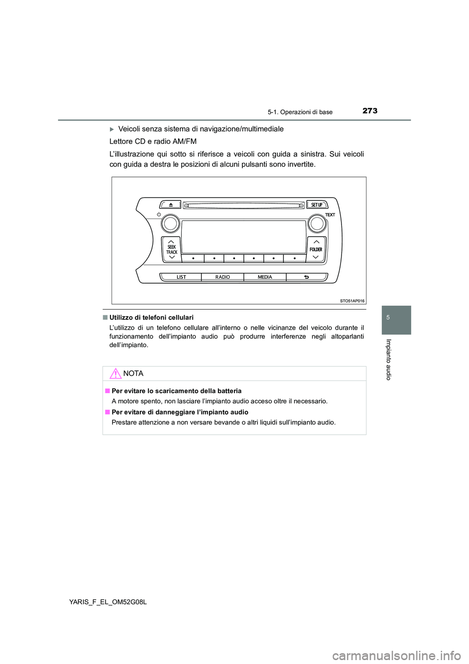 TOYOTA YARIS HATCHBACK 2015  Manuale duso (in Italian) 2735-1. Operazioni di base
5
Impianto audio
YARIS_F_EL_OM52G08L
Veicoli senza sistema di navigazione/multimediale 
Lettore CD e radio AM/FM 
L’illustrazione qui sotto si riferisce a veicoli con g