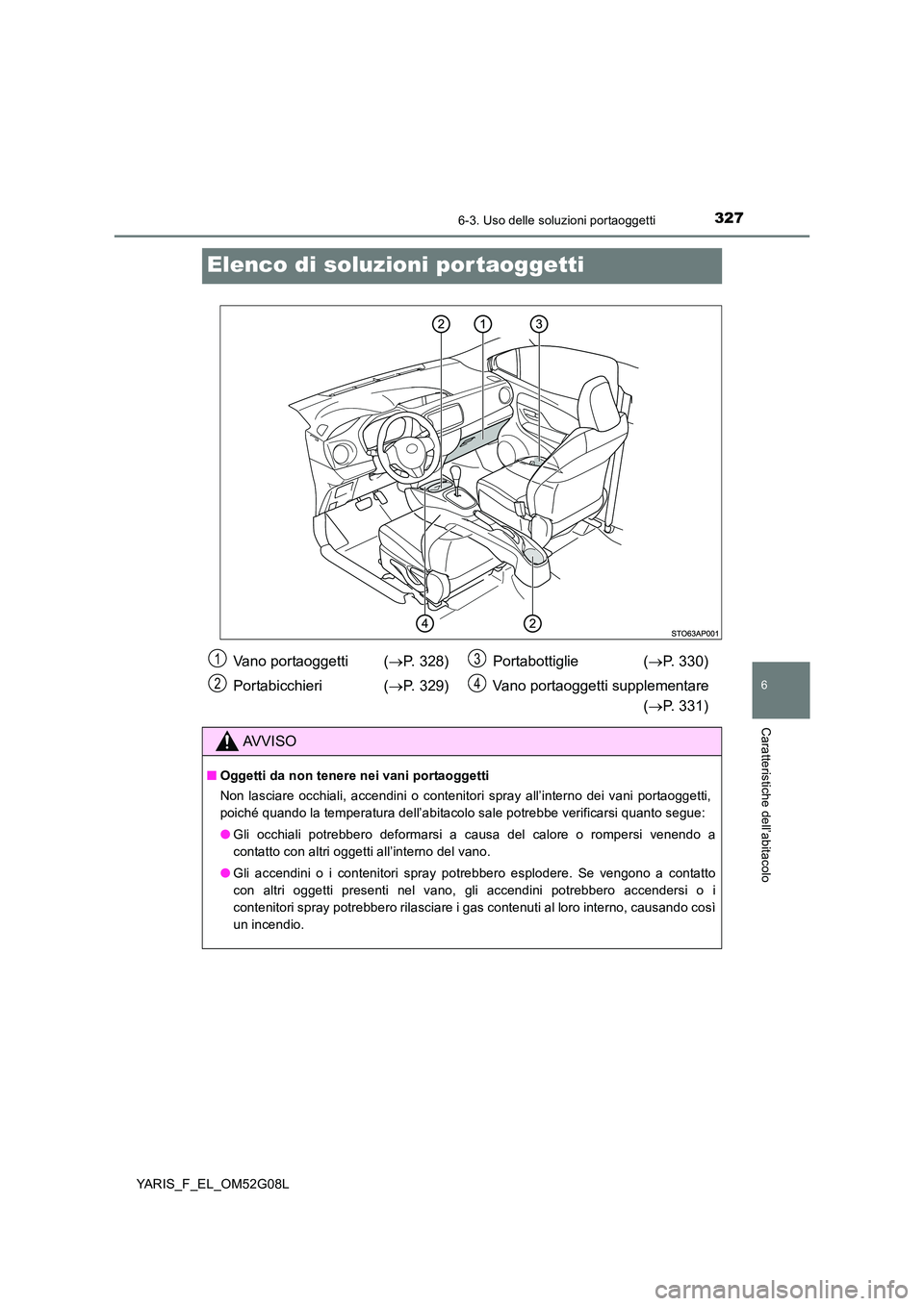 TOYOTA YARIS HATCHBACK 2015 Manuale duso (in Italian) 3276-3. Uso delle soluzioni portaoggetti
6
Caratteristiche dell’abitacolo
YARIS_F_EL_OM52G08L
Elenco di soluzioni por taoggetti
Vano portaoggetti (P. 328)
Portabicchieri ( P. 329)
Portabott TOYOTA YARIS HATCHBACK 2015 Manuale duso (in Italian) 3276-3. Uso delle soluzioni portaoggetti
6
Caratteristiche dell’abitacolo
YARIS_F_EL_OM52G08L
Elenco di soluzioni por taoggetti
Vano portaoggetti (P. 328)
Portabicchieri ( P. 329)
Portabott