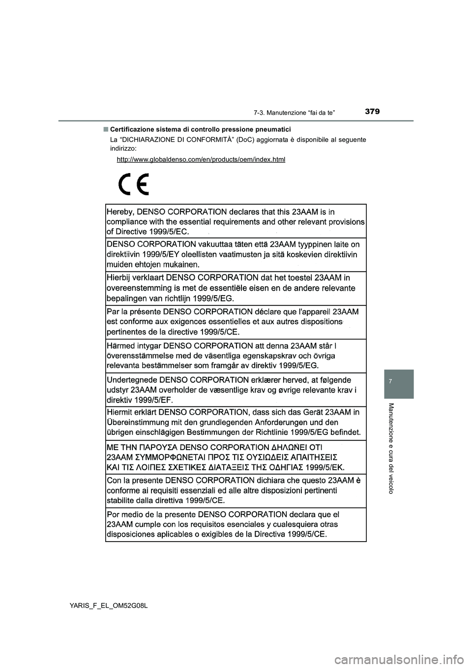 TOYOTA YARIS HATCHBACK 2015  Manuale duso (in Italian) 3797-3. Manutenzione “fai da te”
7
Manutenzione e cura del veicolo
YARIS_F_EL_OM52G08L 
■ Certificazione sistema di controllo pressione pneumatici 
La “DICHIARAZIONE DI CONFORMITÀ” (DoC) ag