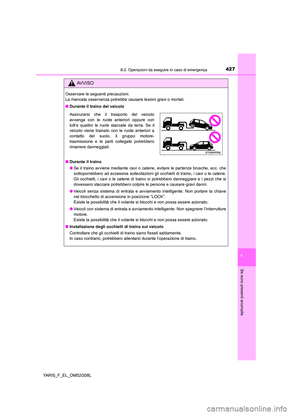 TOYOTA YARIS HATCHBACK 2015 Manuale duso (in Italian) 4278-2. Operazioni da eseguire in caso di emergenza
8
Se sono presenti anomalie
YARIS_F_EL_OM52G08L
AVVISO
Osservare le seguenti precauzioni.
La mancata osservanza potrebbe causare lesioni gravi o m TOYOTA YARIS HATCHBACK 2015 Manuale duso (in Italian) 4278-2. Operazioni da eseguire in caso di emergenza
8
Se sono presenti anomalie
YARIS_F_EL_OM52G08L
AVVISO
Osservare le seguenti precauzioni.
La mancata osservanza potrebbe causare lesioni gravi o m