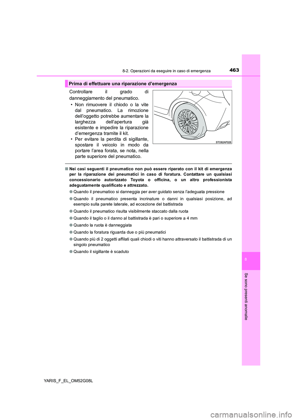 TOYOTA YARIS HATCHBACK 2015 Manuale duso (in Italian) 4638-2. Operazioni da eseguire in caso di emergenza
8
Se sono presenti anomalie
YARIS_F_EL_OM52G08L
Controllare il grado di
danneggiamento del pneumatico.
• Non rimuovere il chiodo o la vite
dal p TOYOTA YARIS HATCHBACK 2015 Manuale duso (in Italian) 4638-2. Operazioni da eseguire in caso di emergenza
8
Se sono presenti anomalie
YARIS_F_EL_OM52G08L
Controllare il grado di
danneggiamento del pneumatico.
• Non rimuovere il chiodo o la vite
dal p