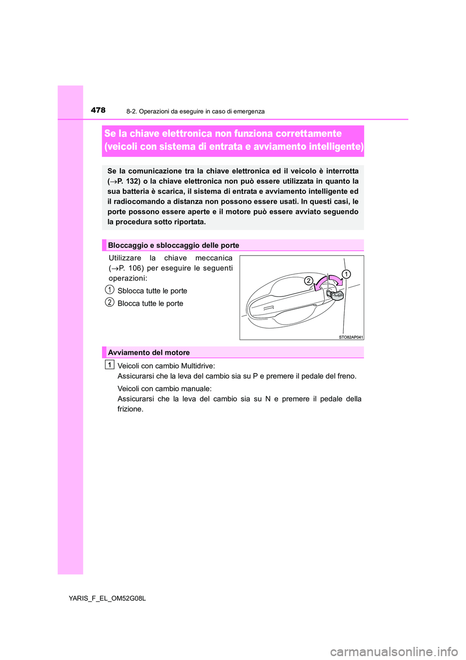 TOYOTA YARIS HATCHBACK 2015 Manuale duso (in Italian) 4788-2. Operazioni da eseguire in caso di emergenza
YARIS_F_EL_OM52G08L
Se la chiave elettronica non funziona correttamente
(veicoli con sistema di entrata e avviamento intelligente)
Utilizzare la c TOYOTA YARIS HATCHBACK 2015 Manuale duso (in Italian) 4788-2. Operazioni da eseguire in caso di emergenza
YARIS_F_EL_OM52G08L
Se la chiave elettronica non funziona correttamente
(veicoli con sistema di entrata e avviamento intelligente)
Utilizzare la c