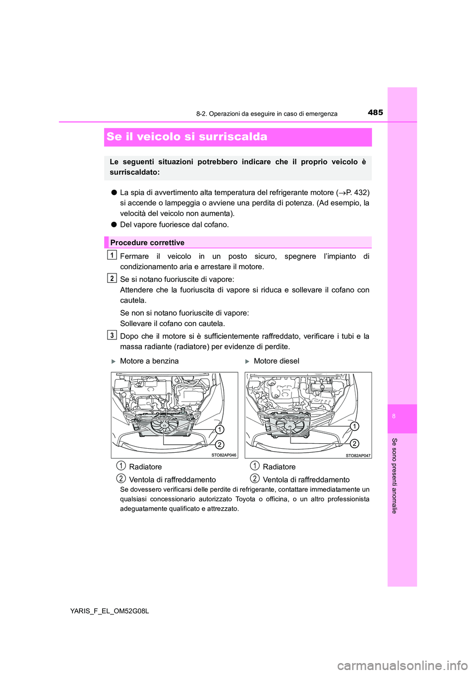 TOYOTA YARIS HATCHBACK 2015 Manuale duso (in Italian) 4858-2. Operazioni da eseguire in caso di emergenza
8
Se sono presenti anomalie
YARIS_F_EL_OM52G08L
Se il veicolo si surriscalda
●La spia di avvertimento alta temperatura del refrigerante motore ( TOYOTA YARIS HATCHBACK 2015 Manuale duso (in Italian) 4858-2. Operazioni da eseguire in caso di emergenza
8
Se sono presenti anomalie
YARIS_F_EL_OM52G08L
Se il veicolo si surriscalda
●La spia di avvertimento alta temperatura del refrigerante motore (