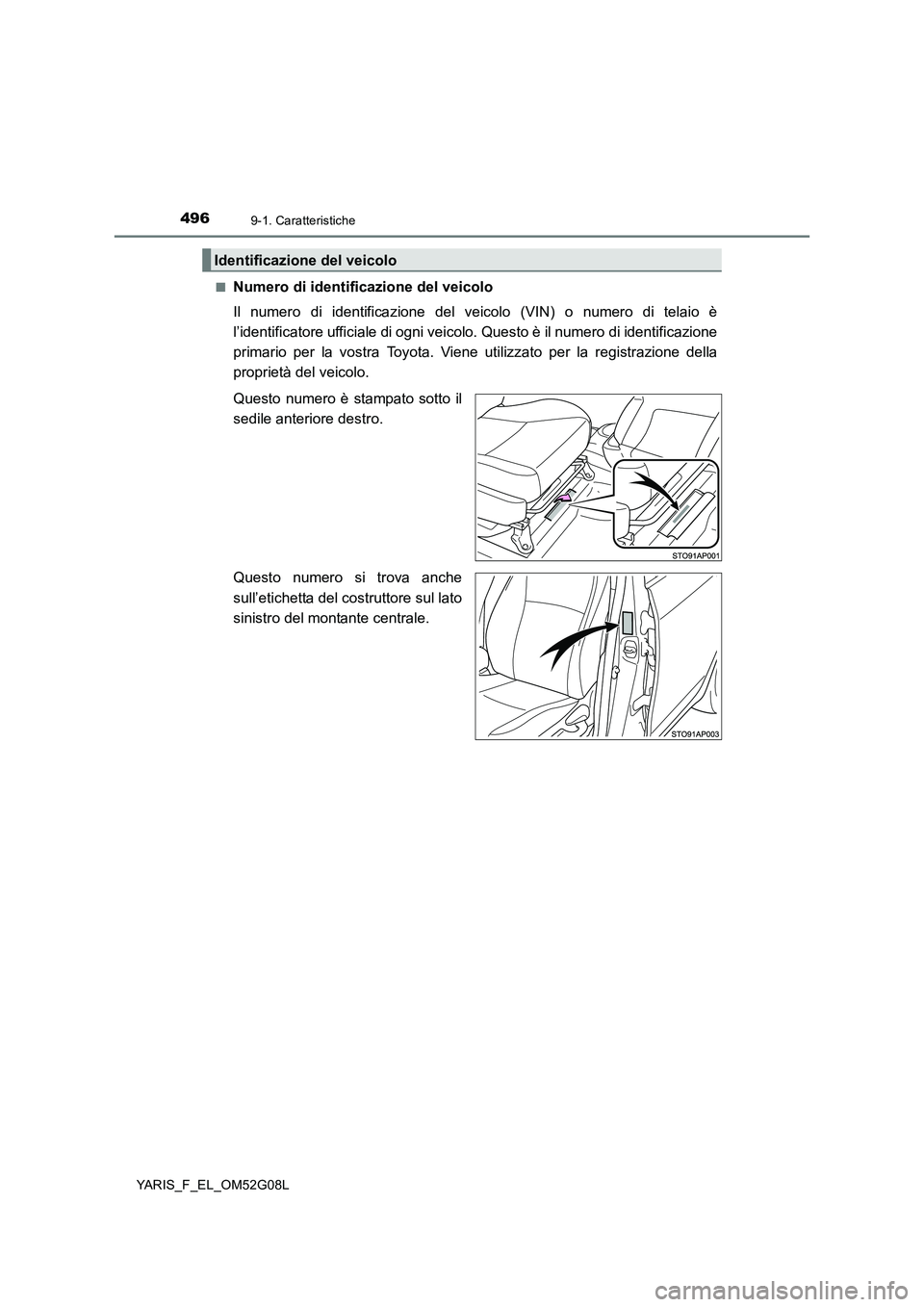 TOYOTA YARIS HATCHBACK 2015 Manuale duso (in Italian) 4969-1. Caratteristiche
YARIS_F_EL_OM52G08L
■Numero di identificazione del veicolo
Il numero di identificazione del ve icolo (VIN) o numero di telaio è
l’identificatore ufficiale di ogni veico TOYOTA YARIS HATCHBACK 2015 Manuale duso (in Italian) 4969-1. Caratteristiche
YARIS_F_EL_OM52G08L
■Numero di identificazione del veicolo
Il numero di identificazione del ve icolo (VIN) o numero di telaio è
l’identificatore ufficiale di ogni veico