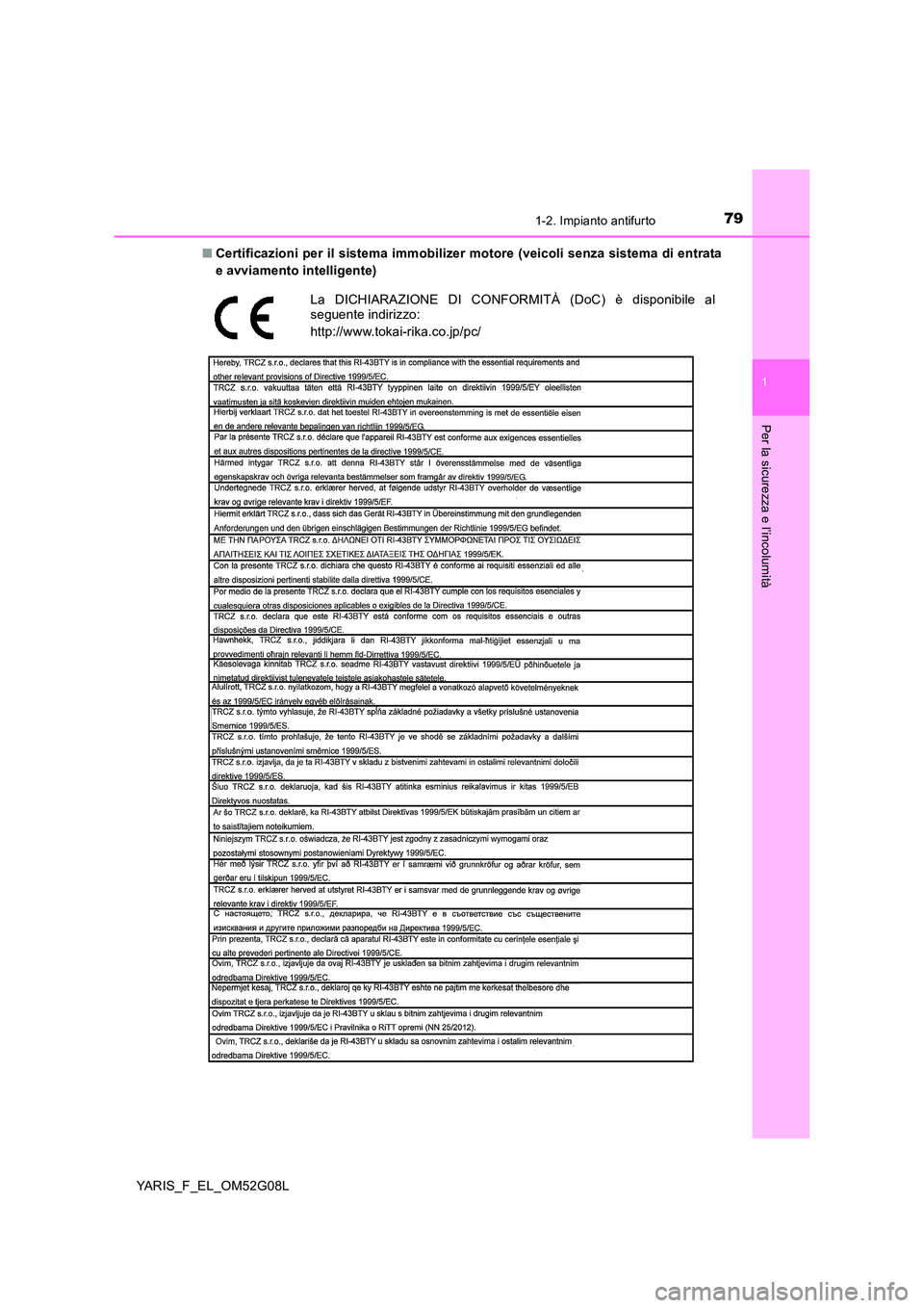 TOYOTA YARIS HATCHBACK 2015  Manuale duso (in Italian) 791-2. Impianto antifurto
1
Per la sicurezza e l’incolumità
YARIS_F_EL_OM52G08L 
■ Certificazioni per il sistema immobilizer motore (veicoli senza sistema di entrata 
e avviamento intelligente)
L