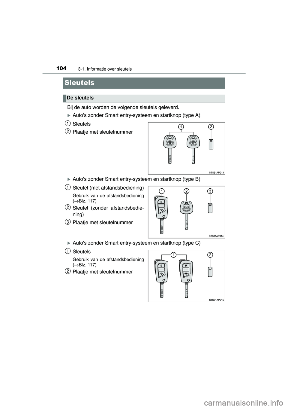 TOYOTA YARIS HATCHBACK 2015 Instructieboekje (in Dutch) 1043-1. Informatie over sleutels
YARIS_F_WE_52G04NL
Sleutels
Bij de auto worden de volgende sleutels geleverd.
Autos zonder Smart entry-systeem en startknop (type A)
Sleutels
Plaatje met sleutelnu TOYOTA YARIS HATCHBACK 2015 Instructieboekje (in Dutch) 1043-1. Informatie over sleutels
YARIS_F_WE_52G04NL
Sleutels
Bij de auto worden de volgende sleutels geleverd.
Autos zonder Smart entry-systeem en startknop (type A)
Sleutels
Plaatje met sleutelnu