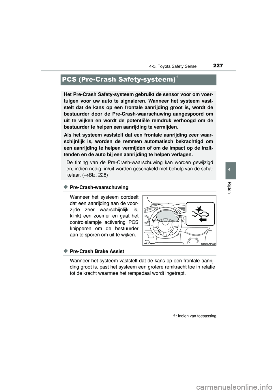 TOYOTA YARIS HATCHBACK 2015 Instructieboekje (in Dutch) 227
4
4-5. Toyota Safety Sense
Rijden
YARIS_F_WE_52G04NL
PCS (Pre-Crash Safety-systeem)∗
◆Pre-Crash-waarschuwing
Wanneer het systeem oordeelt
dat een aanrijding aan de voor-
zijde zeer waarschijnl TOYOTA YARIS HATCHBACK 2015 Instructieboekje (in Dutch) 227
4
4-5. Toyota Safety Sense
Rijden
YARIS_F_WE_52G04NL
PCS (Pre-Crash Safety-systeem)∗
◆Pre-Crash-waarschuwing
Wanneer het systeem oordeelt
dat een aanrijding aan de voor-
zijde zeer waarschijnl