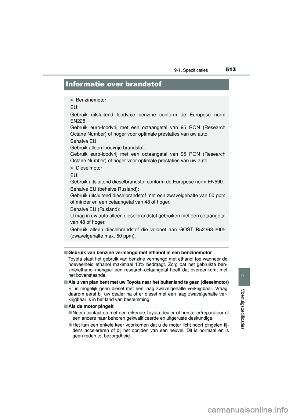 TOYOTA YARIS HATCHBACK 2015 Instructieboekje (in Dutch) 5139-1. Specificaties
9
Voertuigspecificaties
YARIS_F_WE_52G04NL
Informatie over brandstof
■Gebruik van benzine vermengd met ethanol in een benzinemotor
Toyota staat het gebruik van benzine vermengd TOYOTA YARIS HATCHBACK 2015 Instructieboekje (in Dutch) 5139-1. Specificaties
9
Voertuigspecificaties
YARIS_F_WE_52G04NL
Informatie over brandstof
■Gebruik van benzine vermengd met ethanol in een benzinemotor
Toyota staat het gebruik van benzine vermengd
