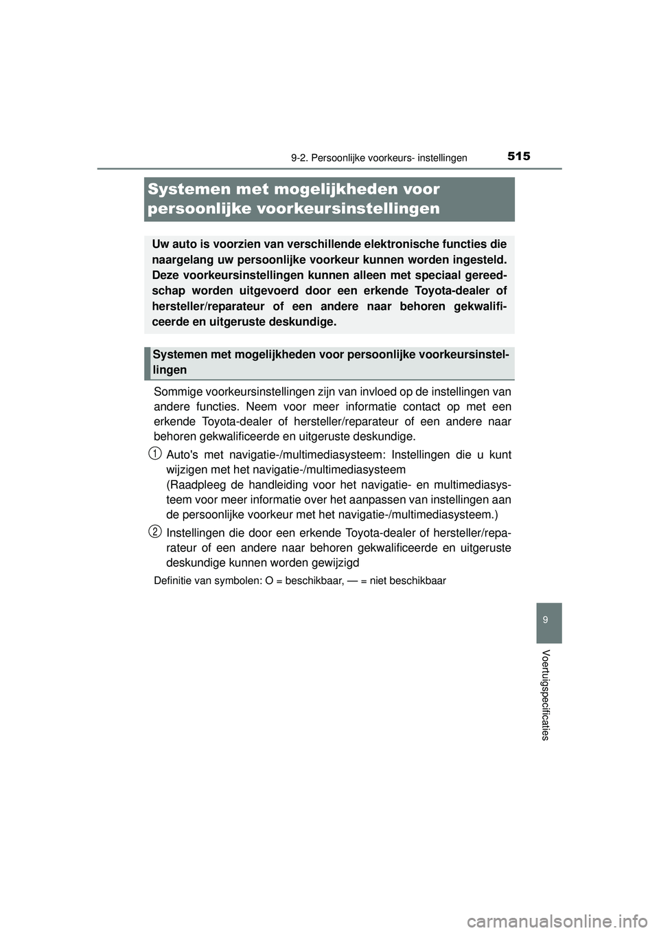 TOYOTA YARIS HATCHBACK 2015 Instructieboekje (in Dutch) 5159-2. Persoonlijke voorkeurs- instellingen
9
Voertuigspecificaties
YARIS_F_WE_52G04NL
Systemen met mogelijkheden voor
persoonlijke voorkeursinstellingen
Sommige voorkeursinstellingen zijn van invlo TOYOTA YARIS HATCHBACK 2015 Instructieboekje (in Dutch) 5159-2. Persoonlijke voorkeurs- instellingen
9
Voertuigspecificaties
YARIS_F_WE_52G04NL
Systemen met mogelijkheden voor
persoonlijke voorkeursinstellingen
Sommige voorkeursinstellingen zijn van invlo