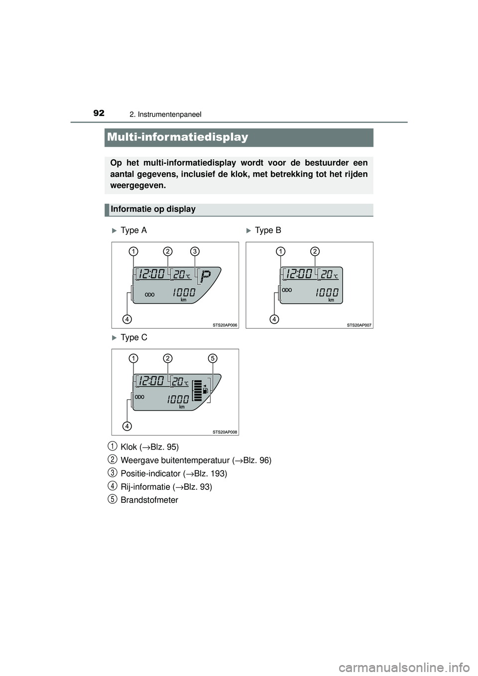 TOYOTA YARIS HATCHBACK 2015 Instructieboekje (in Dutch) 922. Instrumentenpaneel
YARIS_F_WE_52G04NL
Multi-infor matiedisplay
Klok (→Blz. 95)
Weergave buitentemperatuur ( →Blz. 96)
Positie-indicator ( →Blz. 193)
Rij-informatie ( →Blz. 93)
Brandstofme TOYOTA YARIS HATCHBACK 2015 Instructieboekje (in Dutch) 922. Instrumentenpaneel
YARIS_F_WE_52G04NL
Multi-infor matiedisplay
Klok (→Blz. 95)
Weergave buitentemperatuur ( →Blz. 96)
Positie-indicator ( →Blz. 193)
Rij-informatie ( →Blz. 93)
Brandstofme