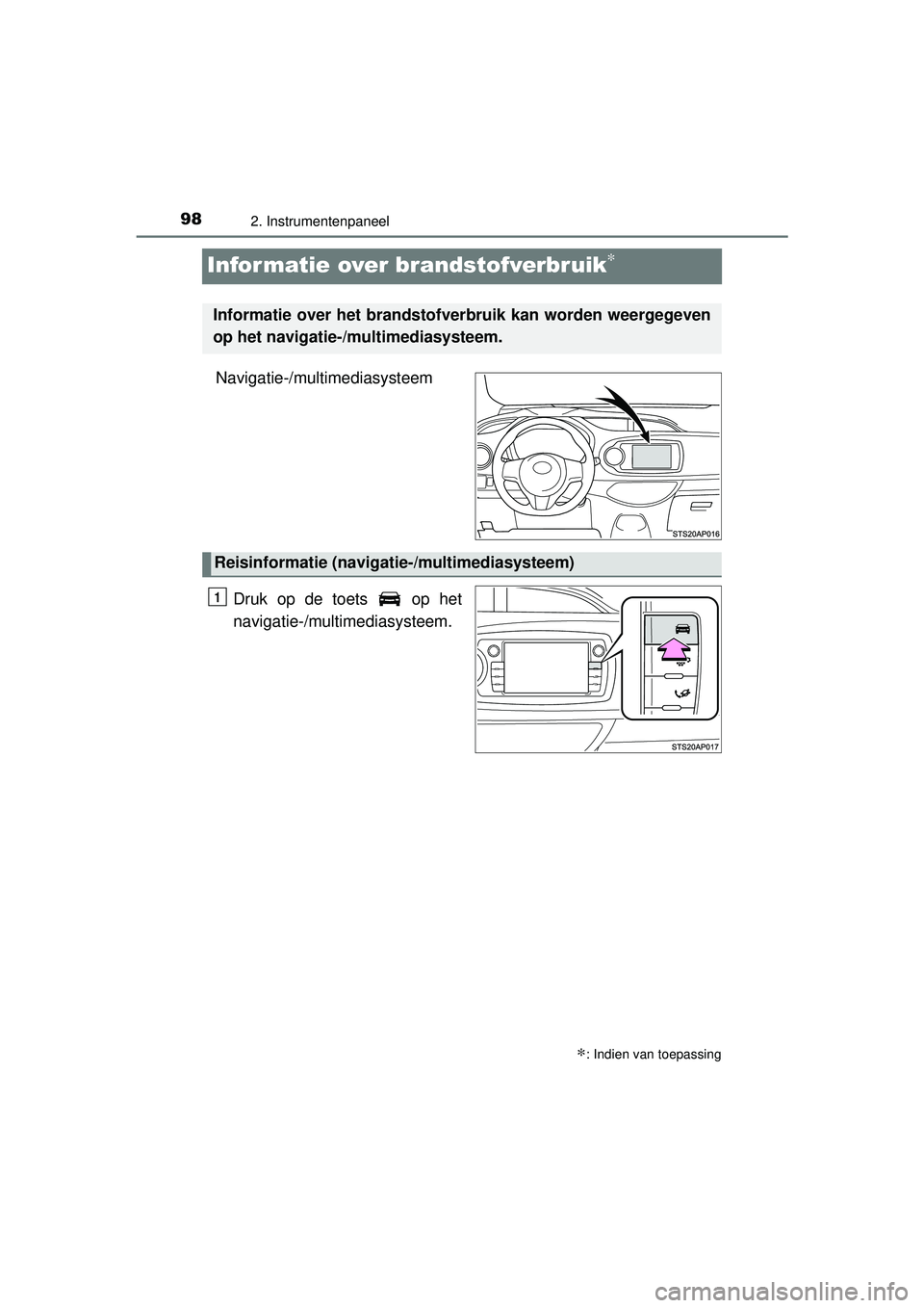 TOYOTA YARIS HATCHBACK 2015 Instructieboekje (in Dutch) 982. Instrumentenpaneel
YARIS_F_WE_52G04NL
Informatie over brandstofverbruik∗
Navigatie-/multimediasysteem
Druk op de toets op het
navigatie-/multi mediasysteem.
∗: Indien van toepassing
Informa TOYOTA YARIS HATCHBACK 2015 Instructieboekje (in Dutch) 982. Instrumentenpaneel
YARIS_F_WE_52G04NL
Informatie over brandstofverbruik∗
Navigatie-/multimediasysteem
Druk op de toets op het
navigatie-/multi mediasysteem.
∗: Indien van toepassing
Informa