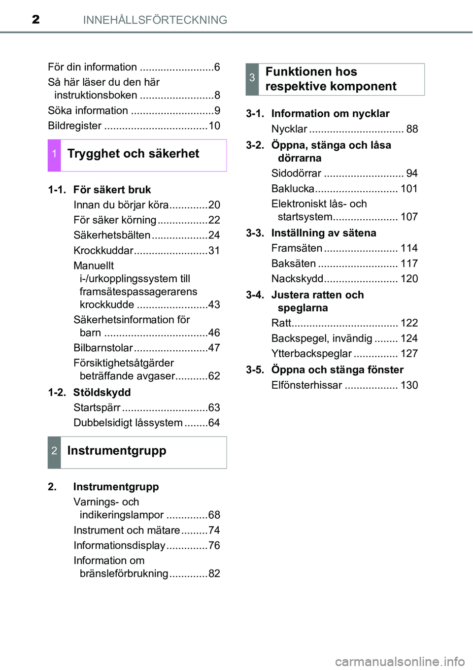 TOYOTA YARIS HATCHBACK 2014  Bruksanvisningar (in Swedish) INNEHÅLLSFÖRTECKNING2
För din information .........................6
Så här läser du den här 
instruktionsboken .........................8
Söka information ............................9
Bildre