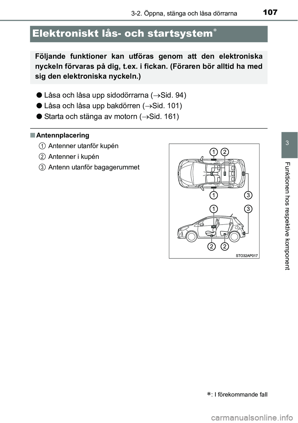 TOYOTA YARIS HATCHBACK 2014 Bruksanvisningar (in Swedish) 107
3
3-2. Öppna, stänga och låsa dörrarna
Funktionen hos respektive komponent
Elektroniskt lås- och startsystem∗
●Låsa och låsa upp sidodörrarna (→Sid. 94)
●Låsa och låsa upp bakdö TOYOTA YARIS HATCHBACK 2014 Bruksanvisningar (in Swedish) 107
3
3-2. Öppna, stänga och låsa dörrarna
Funktionen hos respektive komponent
Elektroniskt lås- och startsystem∗
●Låsa och låsa upp sidodörrarna (→Sid. 94)
●Låsa och låsa upp bakdö