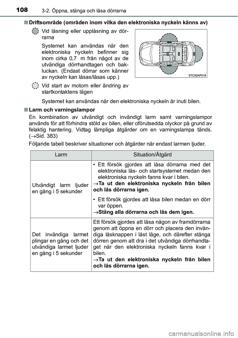 TOYOTA YARIS HATCHBACK 2014 Bruksanvisningar (in Swedish) 1083-2. Öppna, stänga och låsa dörrarna
■Driftsområde (områden inom vilka den elektroniska nyckeln känns av)
Systemet kan användas när den elektroniska nyckeln är inuti bilen.
■Larm och TOYOTA YARIS HATCHBACK 2014 Bruksanvisningar (in Swedish) 1083-2. Öppna, stänga och låsa dörrarna
■Driftsområde (områden inom vilka den elektroniska nyckeln känns av)
Systemet kan användas när den elektroniska nyckeln är inuti bilen.
■Larm och