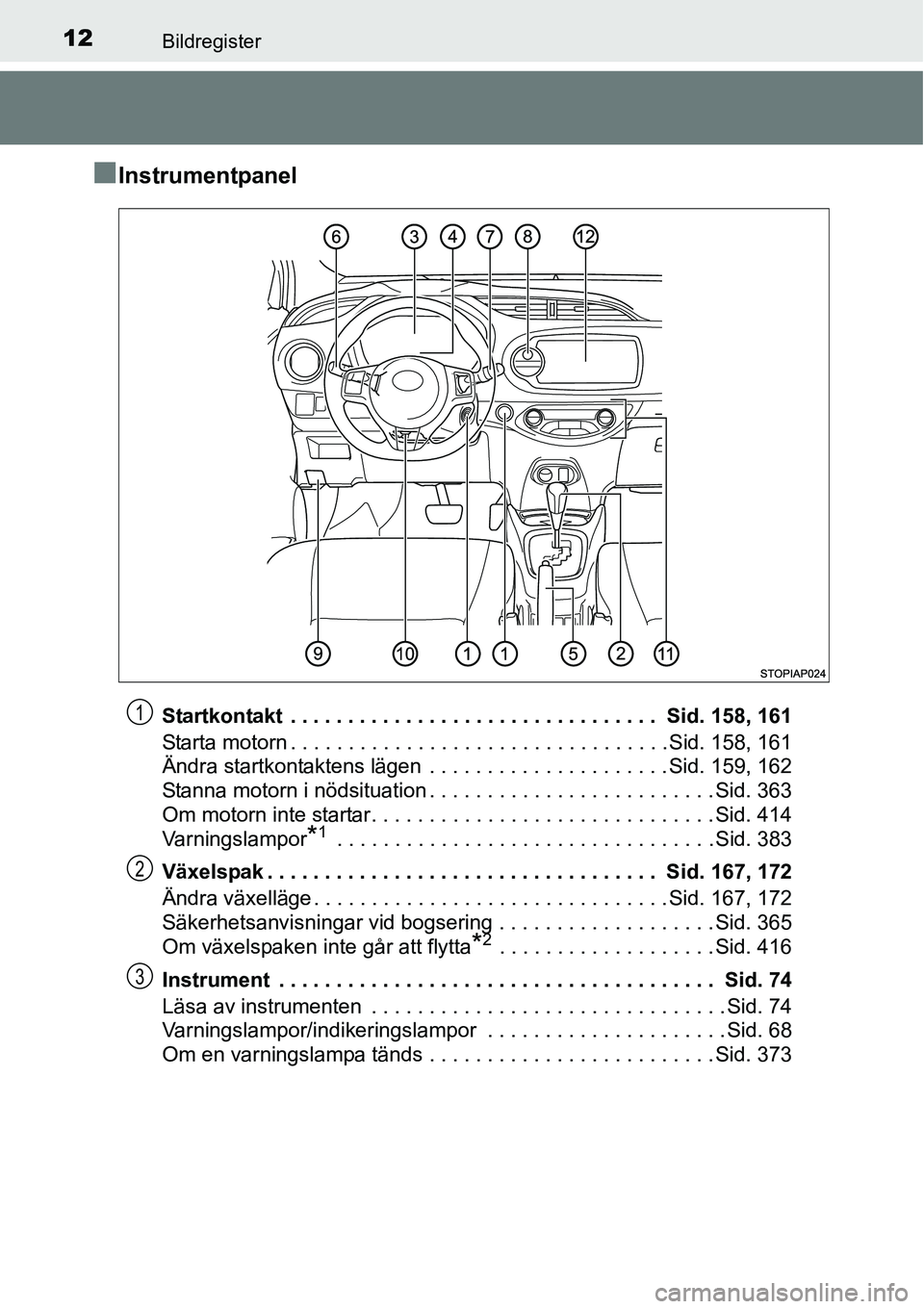 TOYOTA YARIS HATCHBACK 2014 Bruksanvisningar (in Swedish) 12Bildregister
■Instrumentpanel
Startkontakt . . . . . . . . . . . . . . . . . . . . . . . . . . . . . . . . Sid. 158, 161
Starta motorn . . . . . . . . . . . . . . . . . . . . . . . . . . . . . . TOYOTA YARIS HATCHBACK 2014 Bruksanvisningar (in Swedish) 12Bildregister
■Instrumentpanel
Startkontakt . . . . . . . . . . . . . . . . . . . . . . . . . . . . . . . . Sid. 158, 161
Starta motorn . . . . . . . . . . . . . . . . . . . . . . . . . . . . . .
