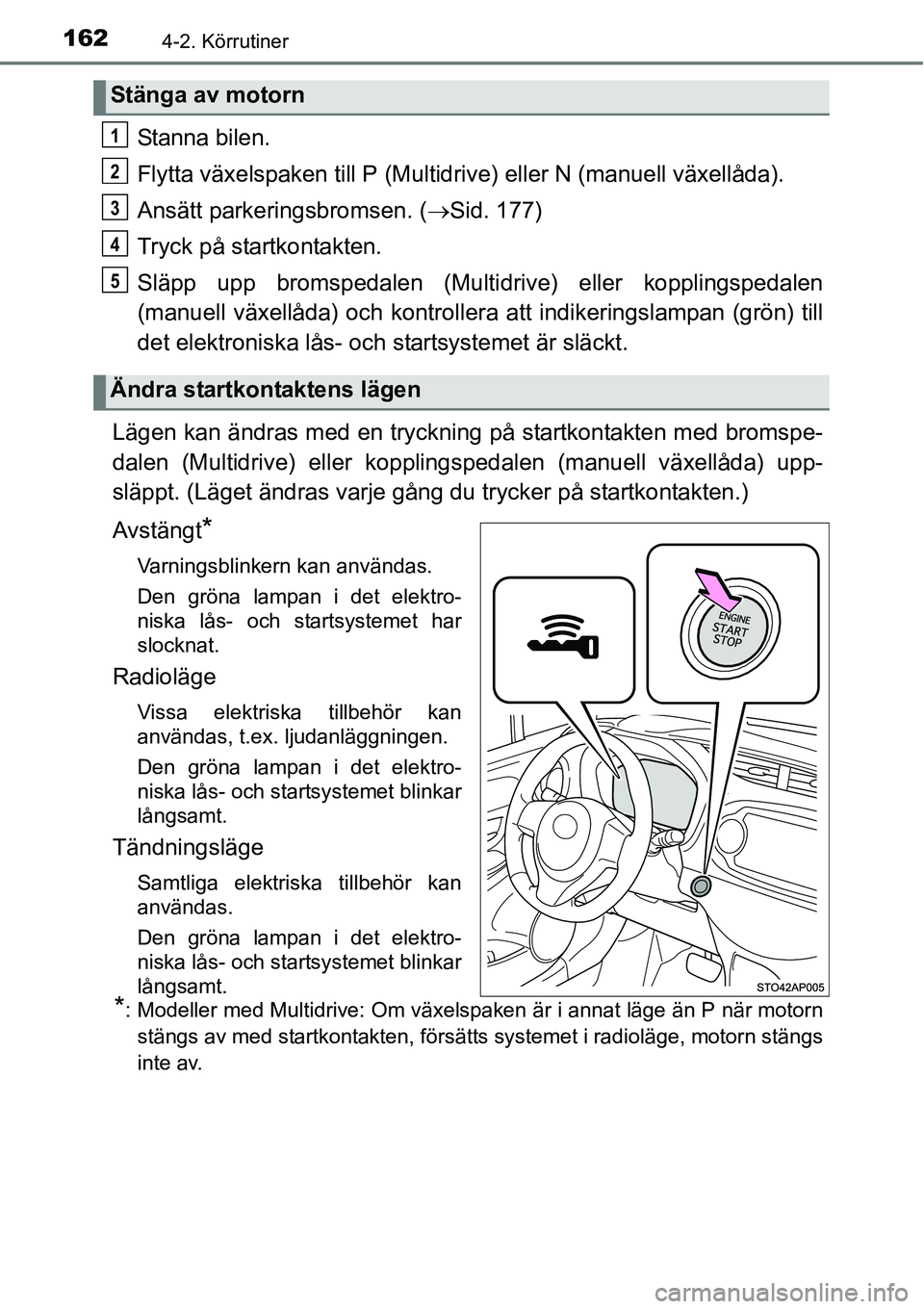TOYOTA YARIS HATCHBACK 2014 Bruksanvisningar (in Swedish) 1624-2. Körrutiner
Stanna bilen.
Flytta växelspaken till P (Multidrive) eller N (manuell växellåda).
Ansätt parkeringsbromsen. (→Sid. 177)
Tryck på startkontakten.
Släpp upp bromspedalen (Mul TOYOTA YARIS HATCHBACK 2014 Bruksanvisningar (in Swedish) 1624-2. Körrutiner
Stanna bilen.
Flytta växelspaken till P (Multidrive) eller N (manuell växellåda).
Ansätt parkeringsbromsen. (→Sid. 177)
Tryck på startkontakten.
Släpp upp bromspedalen (Mul