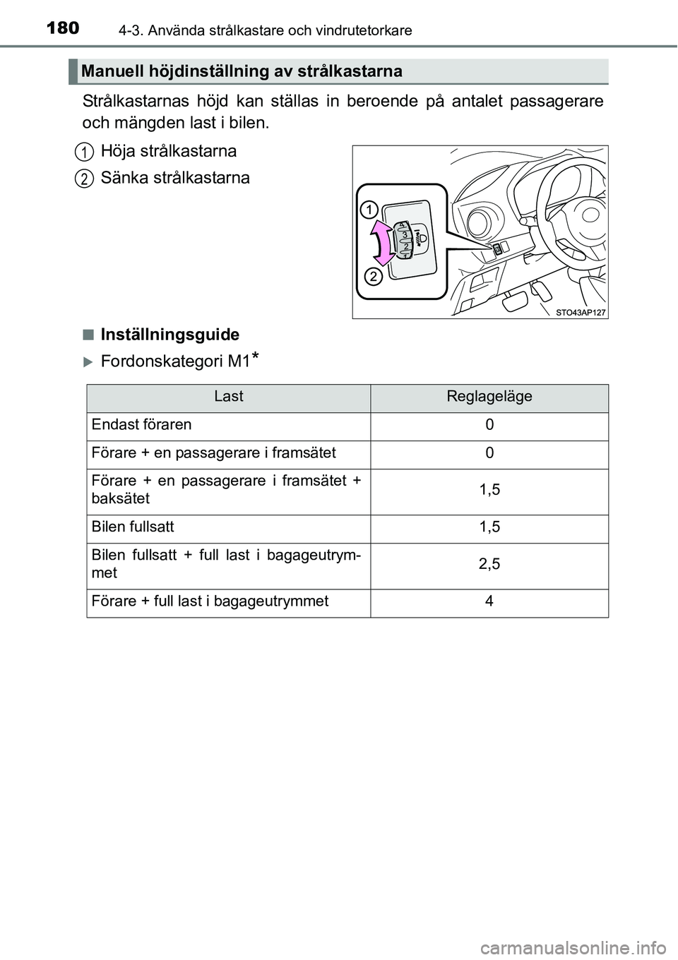 TOYOTA YARIS HATCHBACK 2014  Bruksanvisningar (in Swedish) 1804-3. Använda strålkastare och vindrutetorkare
Strålkastarnas höjd kan ställas in beroende på antalet passagerare
och mängden last i bilen.
Höja strålkastarna
Sänka strålkastarna
■Inst