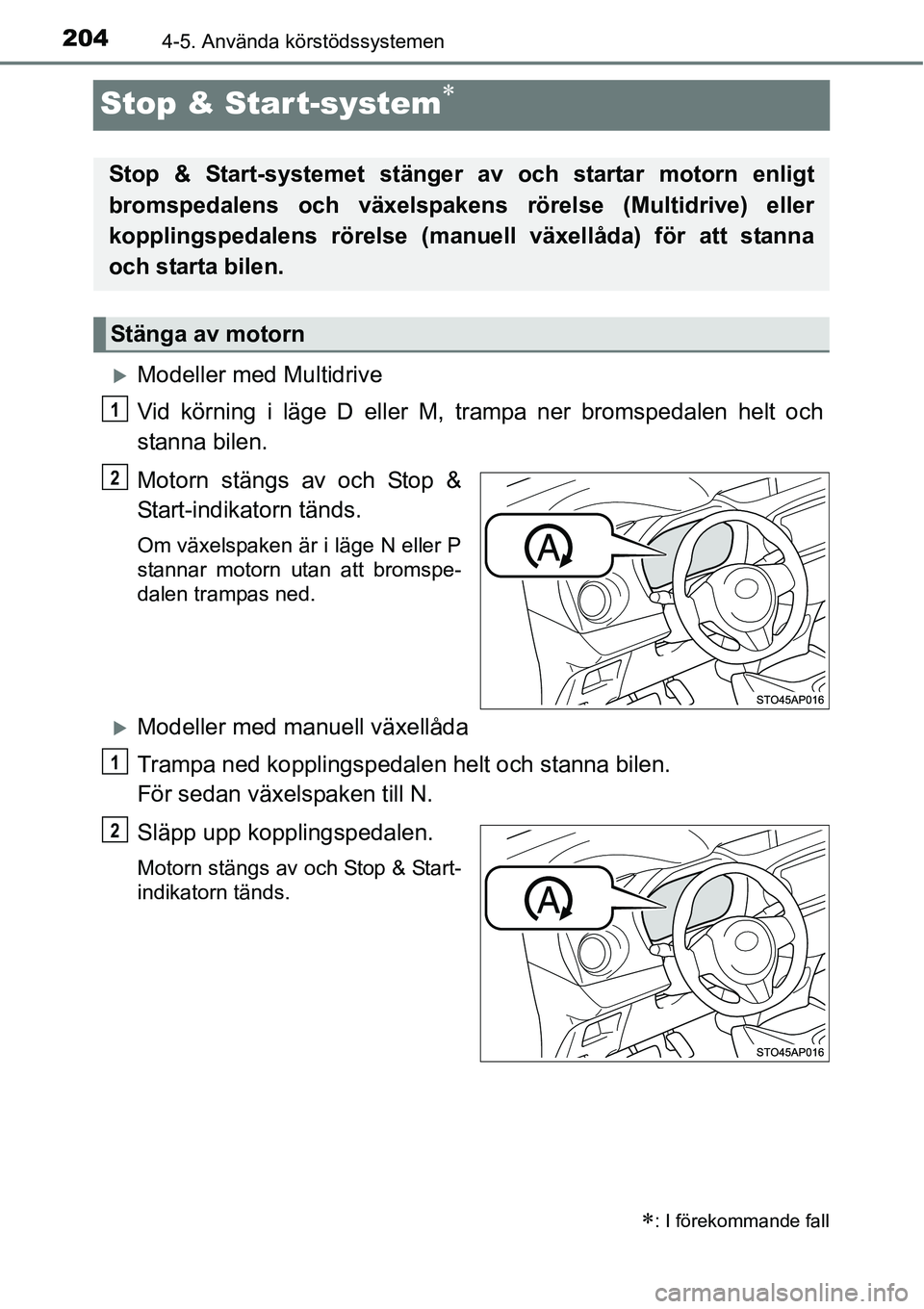 TOYOTA YARIS HATCHBACK 2014  Bruksanvisningar (in Swedish) 2044-5. Använda körstödssystemen
Stop & Start-system∗
�XModeller med Multidrive
Vid körning i läge D eller M, trampa ner bromspedalen helt och
stanna bilen.
Motorn stängs av och Stop &
Start-i