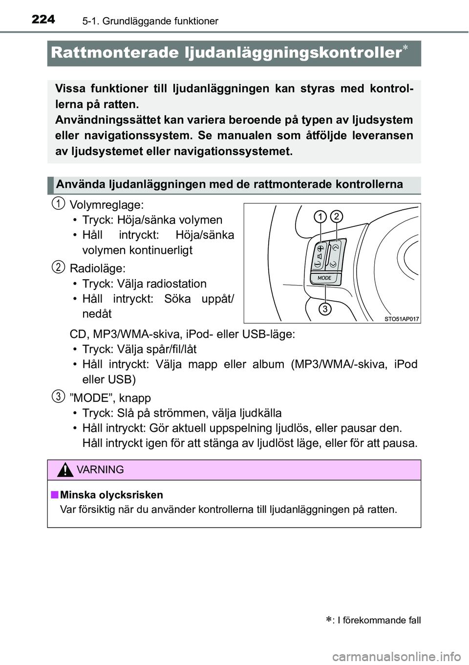 TOYOTA YARIS HATCHBACK 2015 Bruksanvisningar (in Swedish) 2245-1. Grundläggande funktioner
Rattmonterade ljudanläggningskontroller∗
Volymreglage:
• Tryck: Höja/sänka volymen
• Håll intryckt: Höja/sänka
volymen kontinuerligt
Radioläge:
• Tryck TOYOTA YARIS HATCHBACK 2015 Bruksanvisningar (in Swedish) 2245-1. Grundläggande funktioner
Rattmonterade ljudanläggningskontroller∗
Volymreglage:
• Tryck: Höja/sänka volymen
• Håll intryckt: Höja/sänka
volymen kontinuerligt
Radioläge:
• Tryck