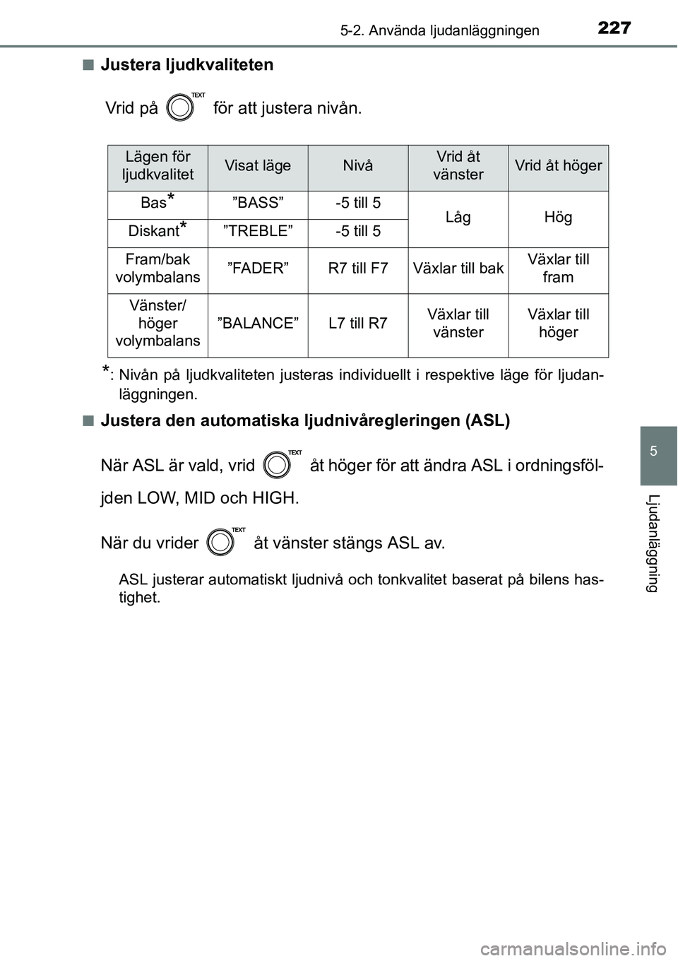 TOYOTA YARIS HATCHBACK 2014  Bruksanvisningar (in Swedish) 2275-2. Använda ljudanläggningen
5
Ljudanläggning
■Justera ljudkvaliteten
Vrid på   för att justera nivån.
*: Nivån på ljudkvaliteten justeras individuellt i respektive läge för ljudan-
l