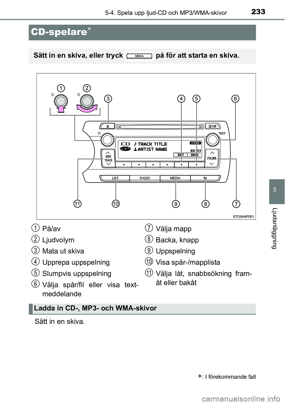TOYOTA YARIS HATCHBACK 2014 Bruksanvisningar (in Swedish) 233
5
5-4. Spela upp ljud-CD och MP3/WMA-skivor
Ljudanläggning
CD-spelare∗
Sätt in en skiva.
∗: I förekommande fall
Sätt in en skiva, eller tryck på för att starta en skiva.
På/av
Ljudvol TOYOTA YARIS HATCHBACK 2014 Bruksanvisningar (in Swedish) 233
5
5-4. Spela upp ljud-CD och MP3/WMA-skivor
Ljudanläggning
CD-spelare∗
Sätt in en skiva.
∗: I förekommande fall
Sätt in en skiva, eller tryck på för att starta en skiva.
På/av
Ljudvol