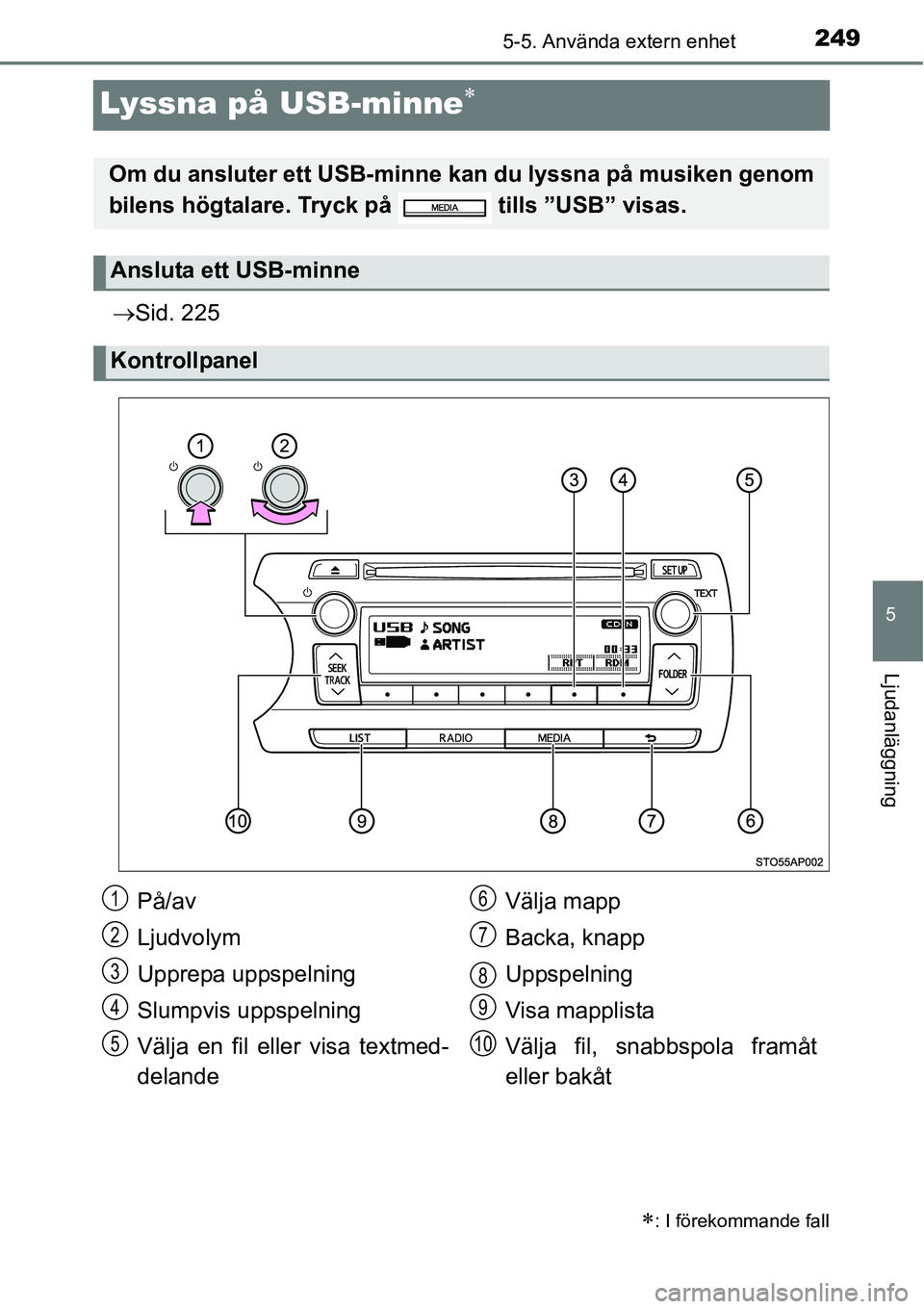 TOYOTA YARIS HATCHBACK 2015 Bruksanvisningar (in Swedish) 249
5
5-5. Använda extern enhet
Ljudanläggning
Lyssna på USB-minne∗
→Sid. 225
∗: I förekommande fall
Om du ansluter ett USB-minne kan du lyssna på musiken genom
bilens högtalare. Tryck på TOYOTA YARIS HATCHBACK 2015 Bruksanvisningar (in Swedish) 249
5
5-5. Använda extern enhet
Ljudanläggning
Lyssna på USB-minne∗
→Sid. 225
∗: I förekommande fall
Om du ansluter ett USB-minne kan du lyssna på musiken genom
bilens högtalare. Tryck på