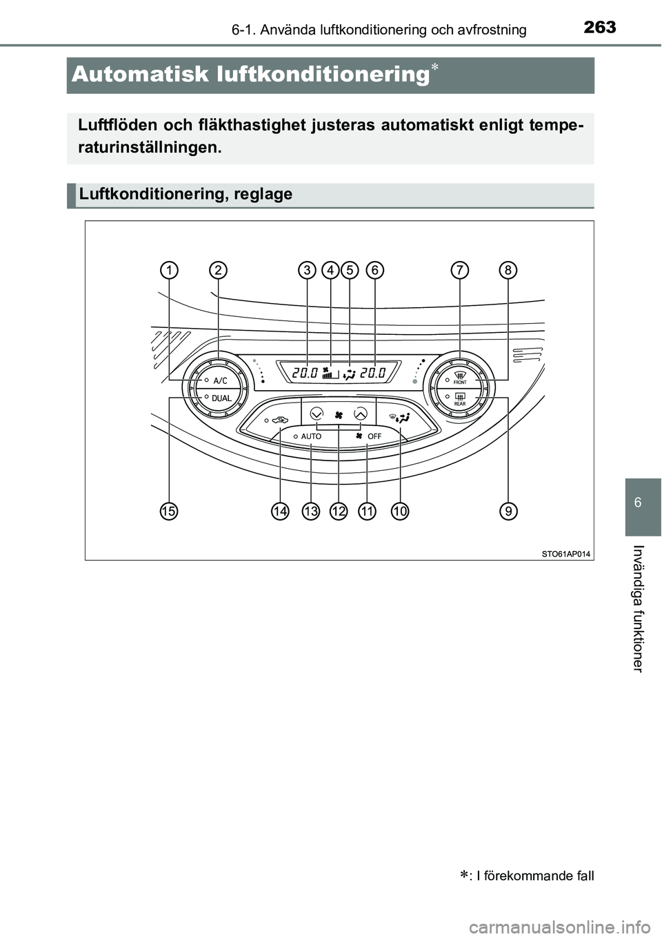 TOYOTA YARIS HATCHBACK 2014 Bruksanvisningar (in Swedish) 2636-1. Använda luftkonditionering och avfrostning
6
Invändiga funktioner
Automatisk luftkonditionering∗
∗: I förekommande fall
Luftflöden och fläkthastighet justeras automatiskt enligt tempe TOYOTA YARIS HATCHBACK 2014 Bruksanvisningar (in Swedish) 2636-1. Använda luftkonditionering och avfrostning
6
Invändiga funktioner
Automatisk luftkonditionering∗
∗: I förekommande fall
Luftflöden och fläkthastighet justeras automatiskt enligt tempe