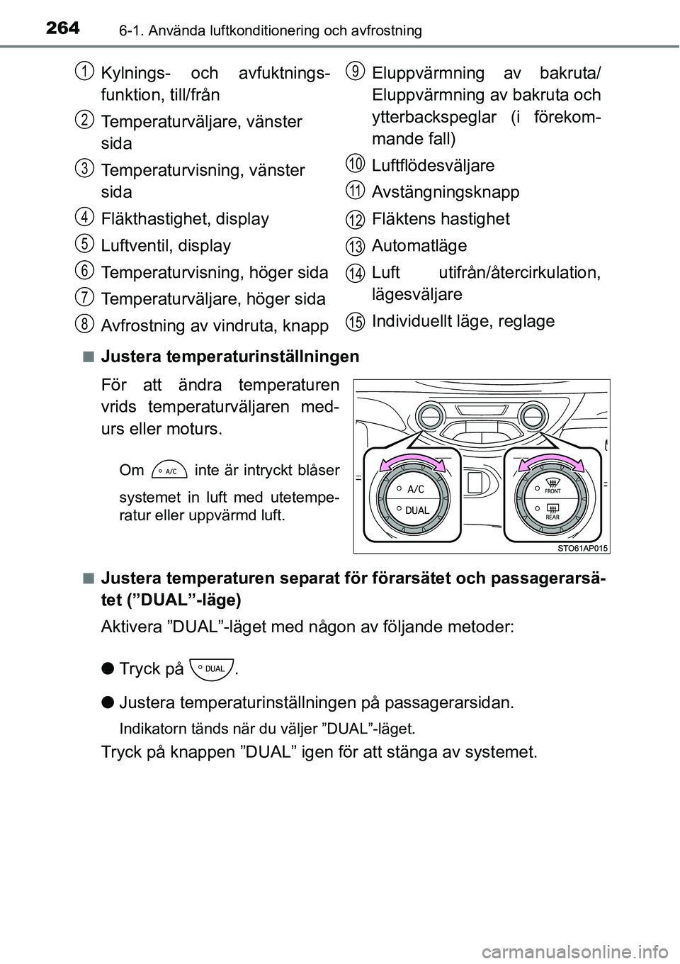 TOYOTA YARIS HATCHBACK 2014 Bruksanvisningar (in Swedish) 2646-1. Använda luftkonditionering och avfrostning
■Justera temperaturinställningen
För att ändra temperaturen
vrids temperaturväljaren med-
urs eller moturs.
Om inte är intryckt blåser
sys TOYOTA YARIS HATCHBACK 2014 Bruksanvisningar (in Swedish) 2646-1. Använda luftkonditionering och avfrostning
■Justera temperaturinställningen
För att ändra temperaturen
vrids temperaturväljaren med-
urs eller moturs.
Om inte är intryckt blåser
sys
