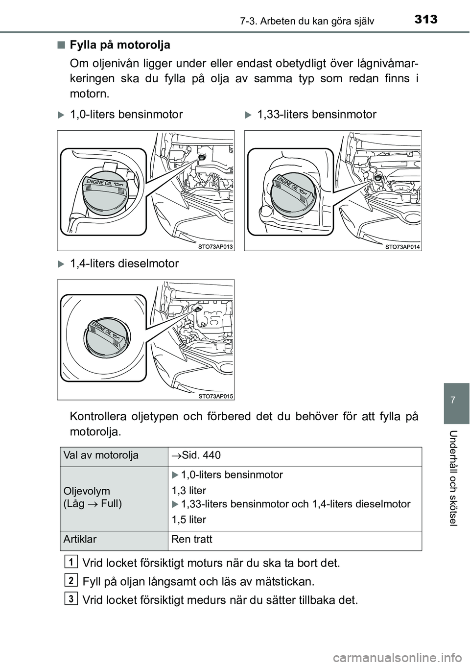 TOYOTA YARIS HATCHBACK 2014 Bruksanvisningar (in Swedish) 3137-3. Arbeten du kan göra själv
7
Underhåll och skötsel
■Fylla på motorolja
Om oljenivån ligger under eller endast obetydligt över lågnivåmar-
keringen ska du fylla på olja av samma typ TOYOTA YARIS HATCHBACK 2014 Bruksanvisningar (in Swedish) 3137-3. Arbeten du kan göra själv
7
Underhåll och skötsel
■Fylla på motorolja
Om oljenivån ligger under eller endast obetydligt över lågnivåmar-
keringen ska du fylla på olja av samma typ