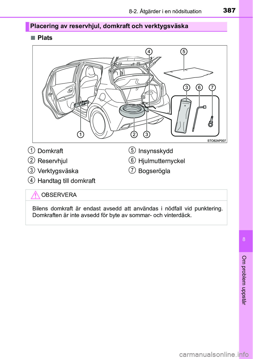 TOYOTA YARIS HATCHBACK 2014 Bruksanvisningar (in Swedish) 3878-2. Åtgärder i en nödsituation
8
Om problem uppstår
■Plats
Placering av reservhjul, domkraft och verktygsväska
Domkraft
Reservhjul
Ve r k t y g s v ä s k a
Handtag till domkraftInsynsskydd TOYOTA YARIS HATCHBACK 2014 Bruksanvisningar (in Swedish) 3878-2. Åtgärder i en nödsituation
8
Om problem uppstår
■Plats
Placering av reservhjul, domkraft och verktygsväska
Domkraft
Reservhjul
Ve r k t y g s v ä s k a
Handtag till domkraftInsynsskydd