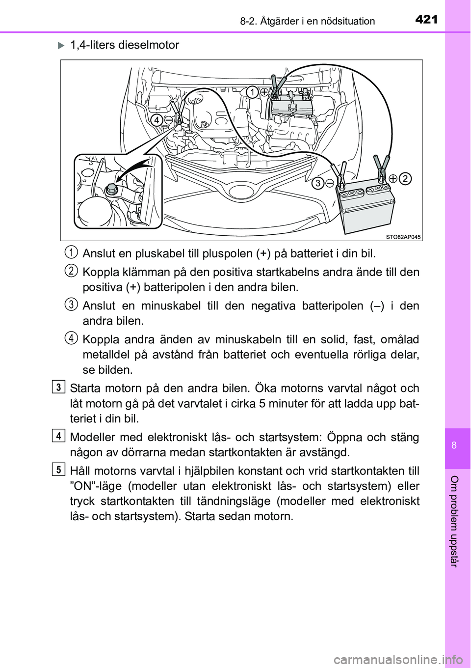 TOYOTA YARIS HATCHBACK 2014  Bruksanvisningar (in Swedish) 4218-2. Åtgärder i en nödsituation
8
Om problem uppstår
�X1,4-liters dieselmotor
Anslut en pluskabel till pluspolen (+) på batteriet i din bil.
Koppla klämman på den positiva startkabelns andra