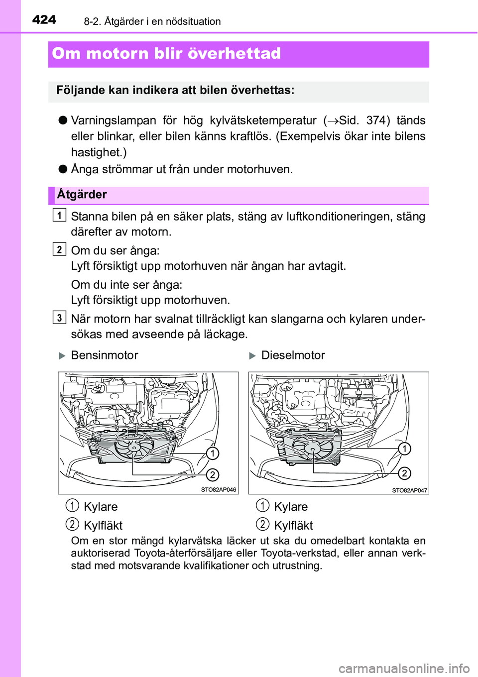 TOYOTA YARIS HATCHBACK 2014  Bruksanvisningar (in Swedish) 4248-2. Åtgärder i en nödsituation
Om motorn blir överhettad
●Varningslampan för hög kylvätsketemperatur (→Sid. 374) tänds
eller blinkar, eller bilen känns kraftlös. (Exempelvis ökar in