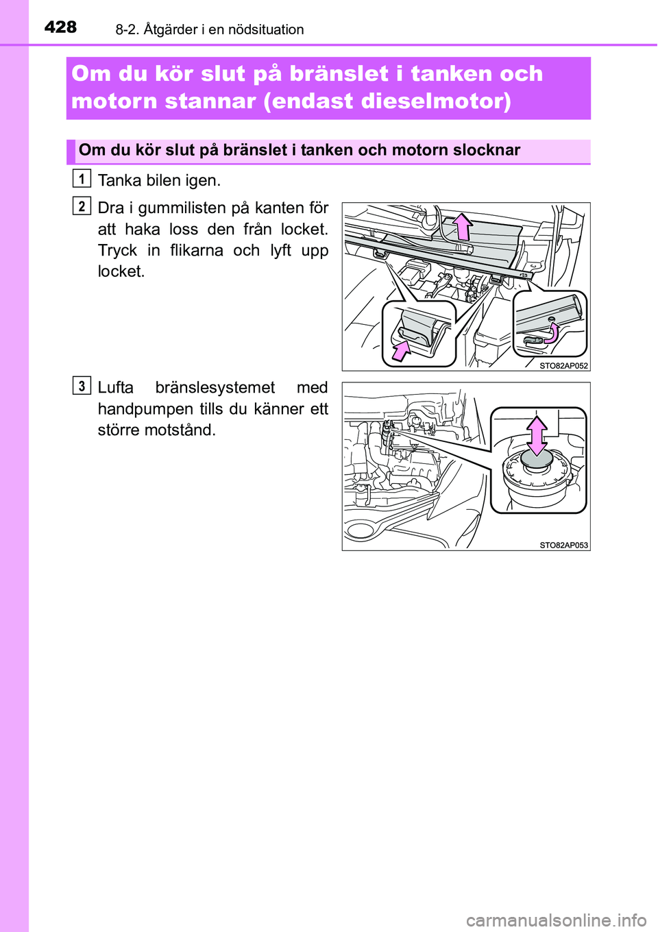 TOYOTA YARIS HATCHBACK 2014  Bruksanvisningar (in Swedish) 4288-2. Åtgärder i en nödsituation
Om du kör slut på bränslet i tanken och 
motorn stannar (endast dieselmotor)
Tanka bilen igen.
Dra i gummilisten på kanten för
att haka loss den från locket