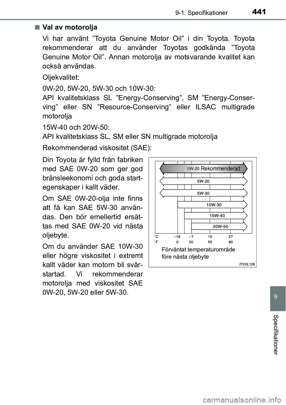 TOYOTA YARIS HATCHBACK 2014  Bruksanvisningar (in Swedish) 4419-1. Specifikationer
9
Specifikationer
■Val av motorolja
Vi har använt ”Toyota Genuine Motor Oil” i din Toyota. Toyota
rekommenderar att du använder Toyotas godkända ”Toyota
Genuine Moto