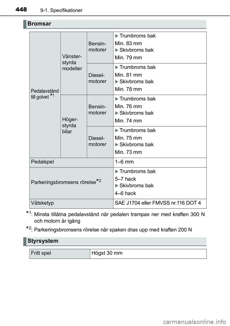 TOYOTA YARIS HATCHBACK 2014  Bruksanvisningar (in Swedish) 4489-1. Specifikationer
*1: Minsta tillåtna pedalavstånd när pedalen trampas ner med kraften 300 N
och motorn är igång
*2: Parkeringsbromsens rörelse när spaken dras upp med kraften 200 N
Broms