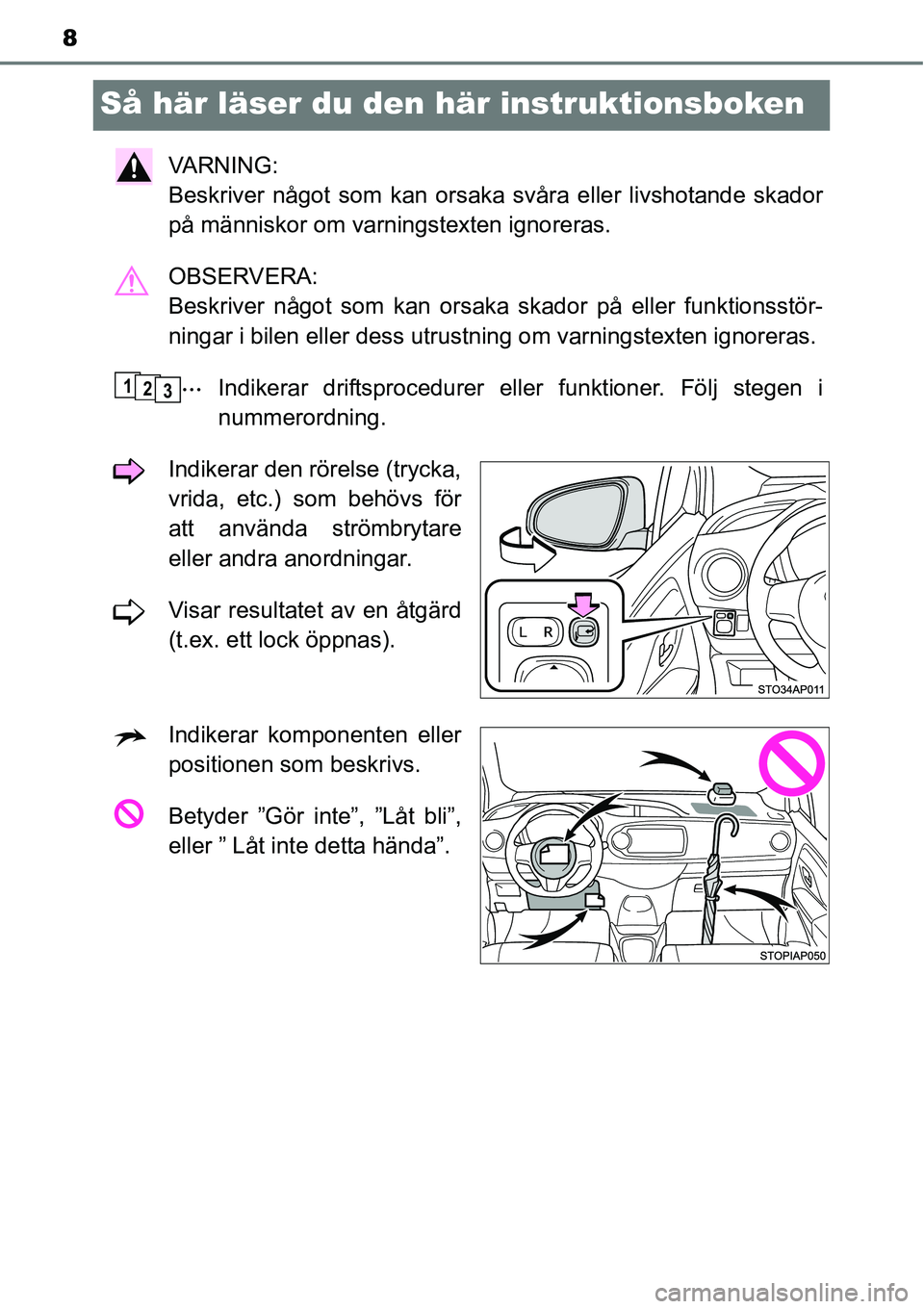 TOYOTA YARIS HATCHBACK 2015 Bruksanvisningar (in Swedish) 8
Så här läser du den här instruktionsboken
VA R N I N G :
Beskriver något som kan orsaka svåra eller livshotande skador
på människor om varningstexten ignoreras.
OBSERVERA:
Beskriver någo TOYOTA YARIS HATCHBACK 2015 Bruksanvisningar (in Swedish) 8
Så här läser du den här instruktionsboken
VA R N I N G :
Beskriver något som kan orsaka svåra eller livshotande skador
på människor om varningstexten ignoreras.
OBSERVERA:
Beskriver någo