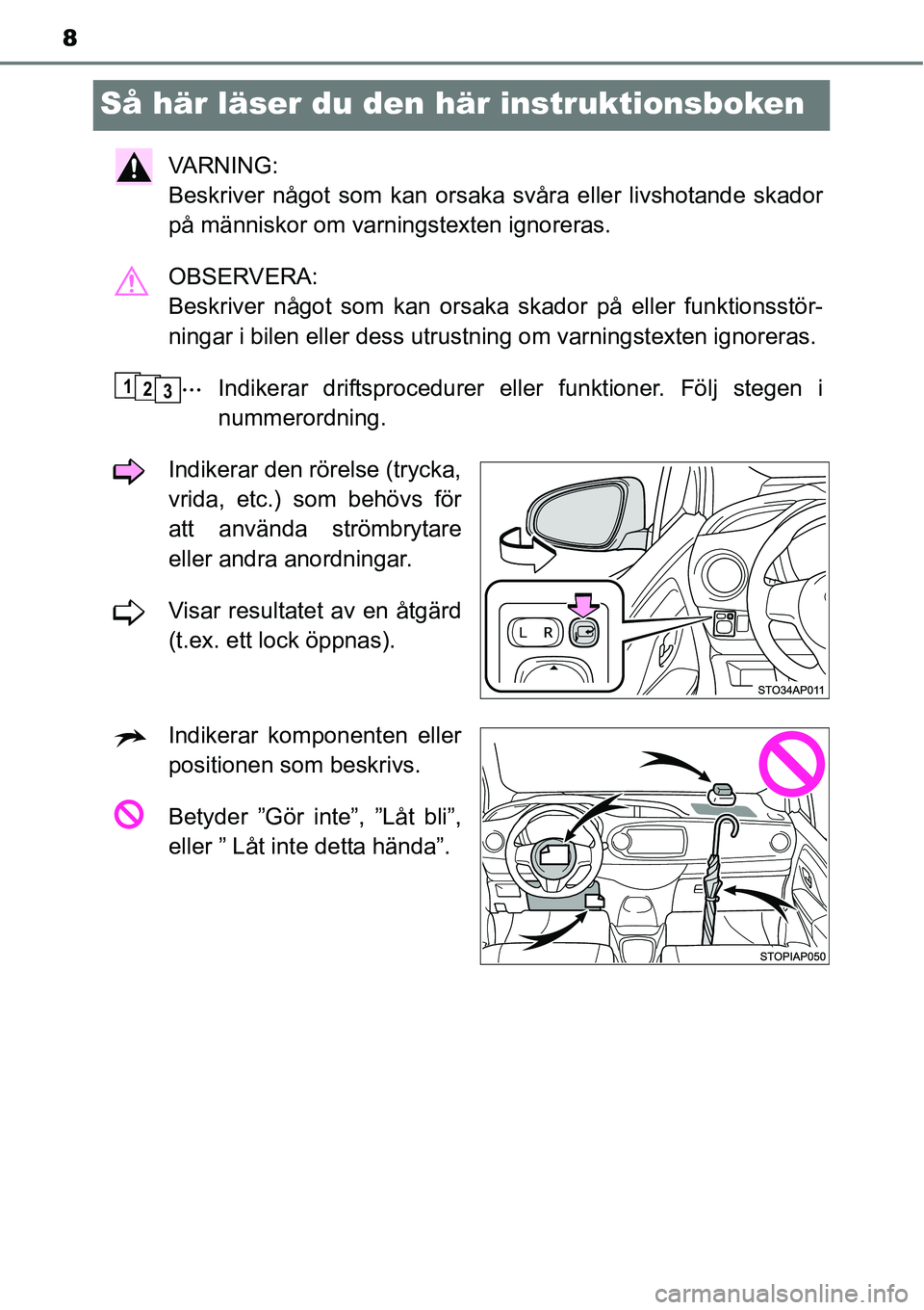 TOYOTA YARIS HATCHBACK 2014  Bruksanvisningar (in Swedish) 8
Så här läser du den här instruktionsboken
VA R N I N G :  
Beskriver något som kan orsaka svåra eller livshotande skador
på människor om varningstexten ignoreras.
OBSERVERA: 
Beskriver någo