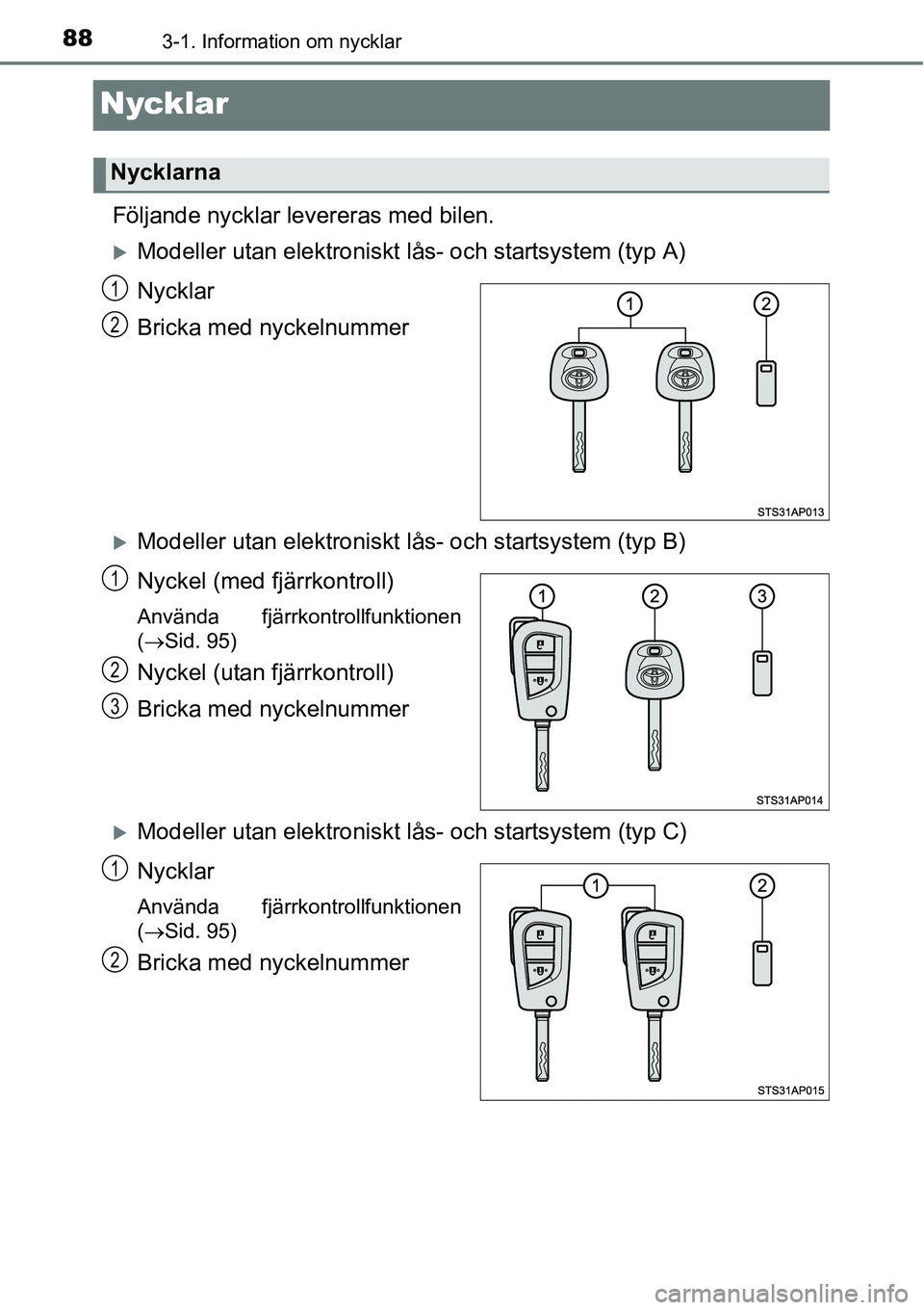 TOYOTA YARIS HATCHBACK 2014  Bruksanvisningar (in Swedish) 883-1. Information om nycklar
Nycklar
Följande nycklar levereras med bilen.
�XModeller utan elektroniskt lås- och startsystem (typ A)
Nycklar
Bricka med nyckelnummer
�XModeller utan elektroniskt lå