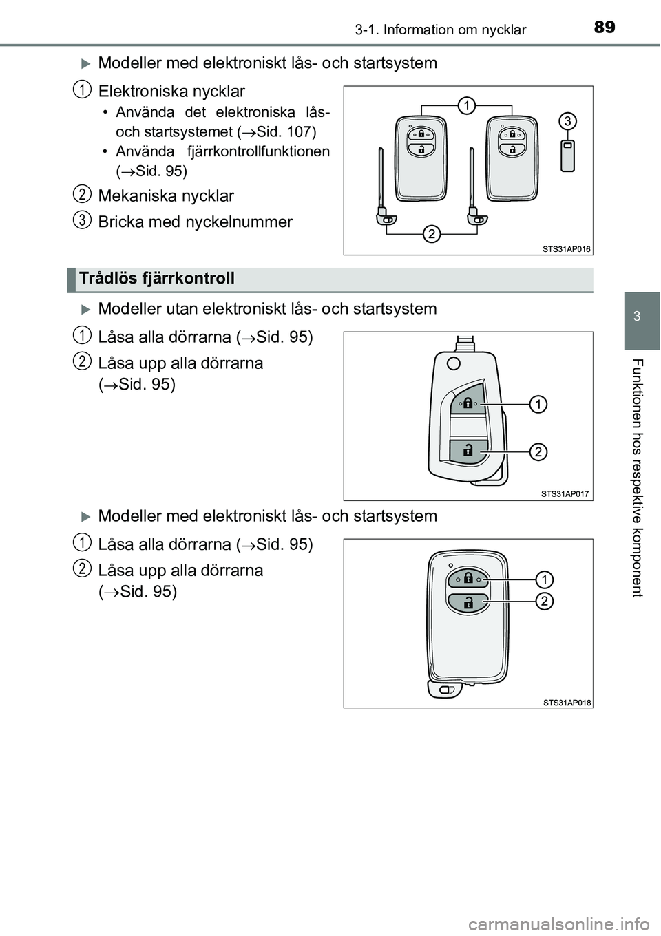 TOYOTA YARIS HATCHBACK 2014  Bruksanvisningar (in Swedish) 893-1. Information om nycklar
3
Funktionen hos respektive komponent
�XModeller med elektroniskt lås- och startsystem
Elektroniska nycklar
• Använda det elektroniska lås-
och startsystemet (→Sid