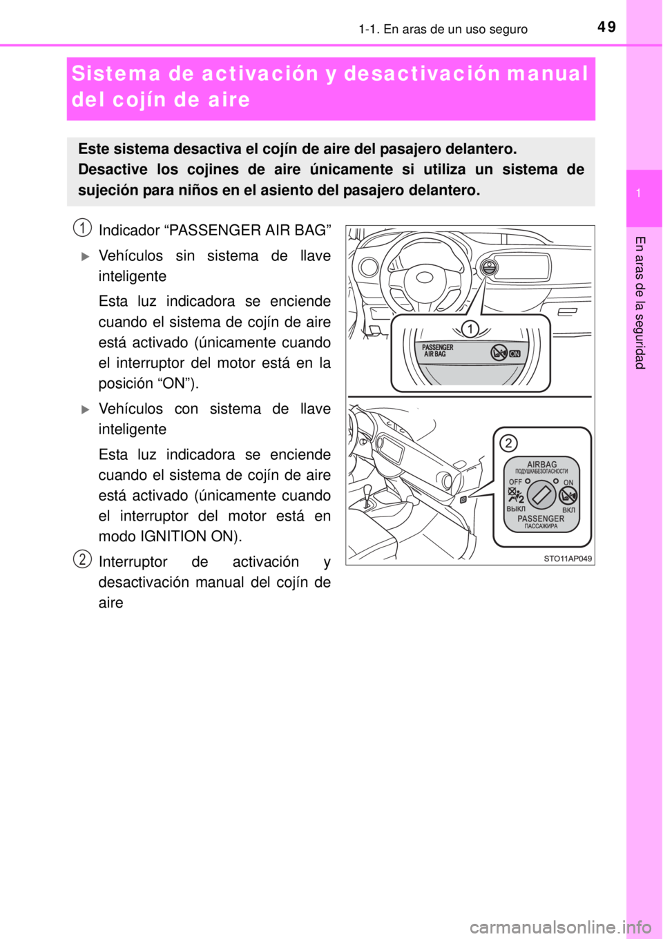 TOYOTA YARIS HATCHBACK 2014 Manual del propietario (in Spanish) 491-1. En aras de un uso seguro
1
En aras de la seguridad
Sistema de activación y desactivación manual
del cojín de aire
Indicador “PASSENGER AIR BAG”
Vehículos sin sistema de llave
inteli TOYOTA YARIS HATCHBACK 2014 Manual del propietario (in Spanish) 491-1. En aras de un uso seguro
1
En aras de la seguridad
Sistema de activación y desactivación manual
del cojín de aire
Indicador “PASSENGER AIR BAG”
Vehículos sin sistema de llave
inteli